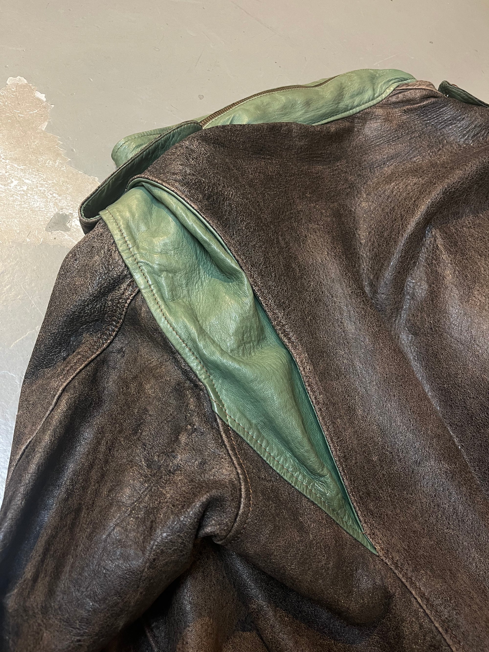 Vintage Brown Leather Jacket With Green Details L/XL