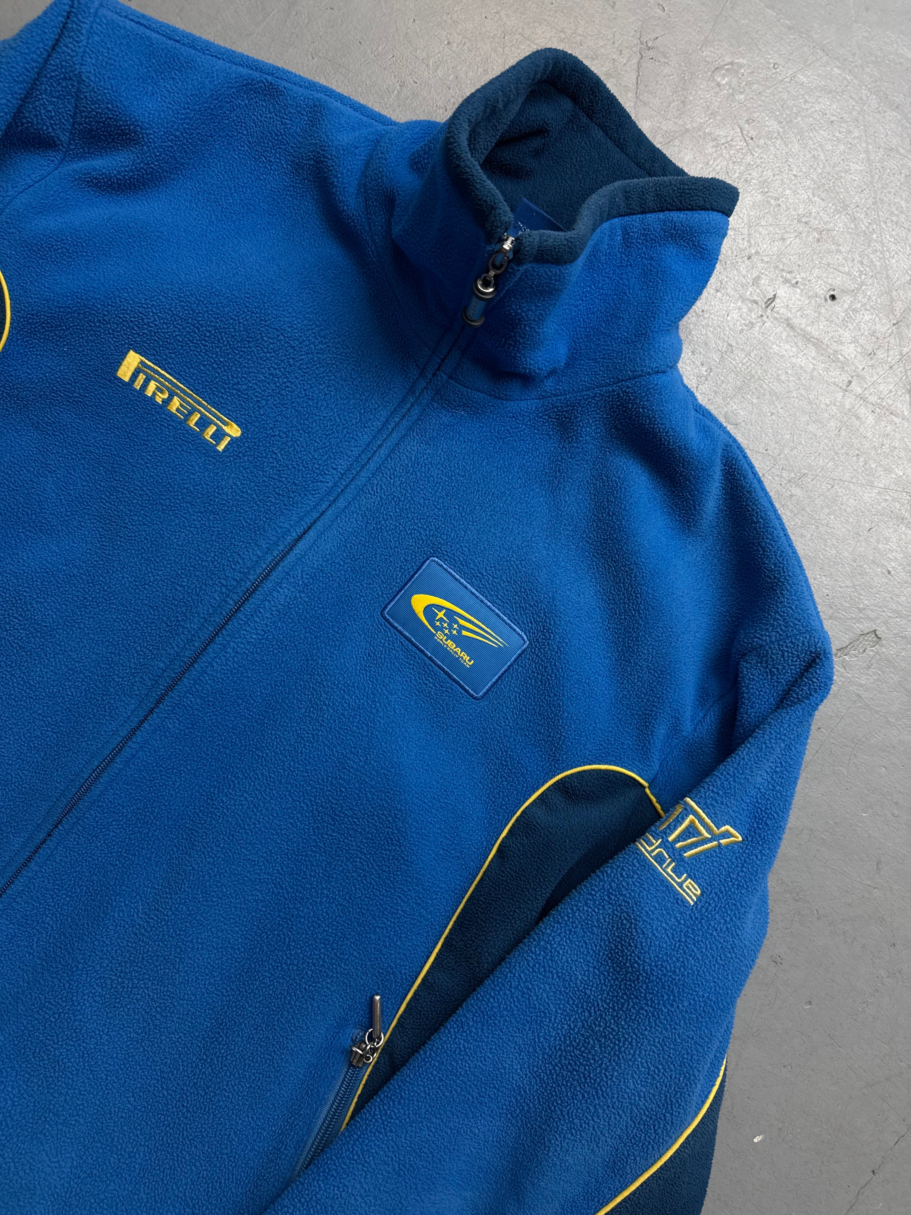Vintage Subaru Pirelli Blue Fleece Sweater with nice details for boys. Y2K Second Hand 2000s Fashion 