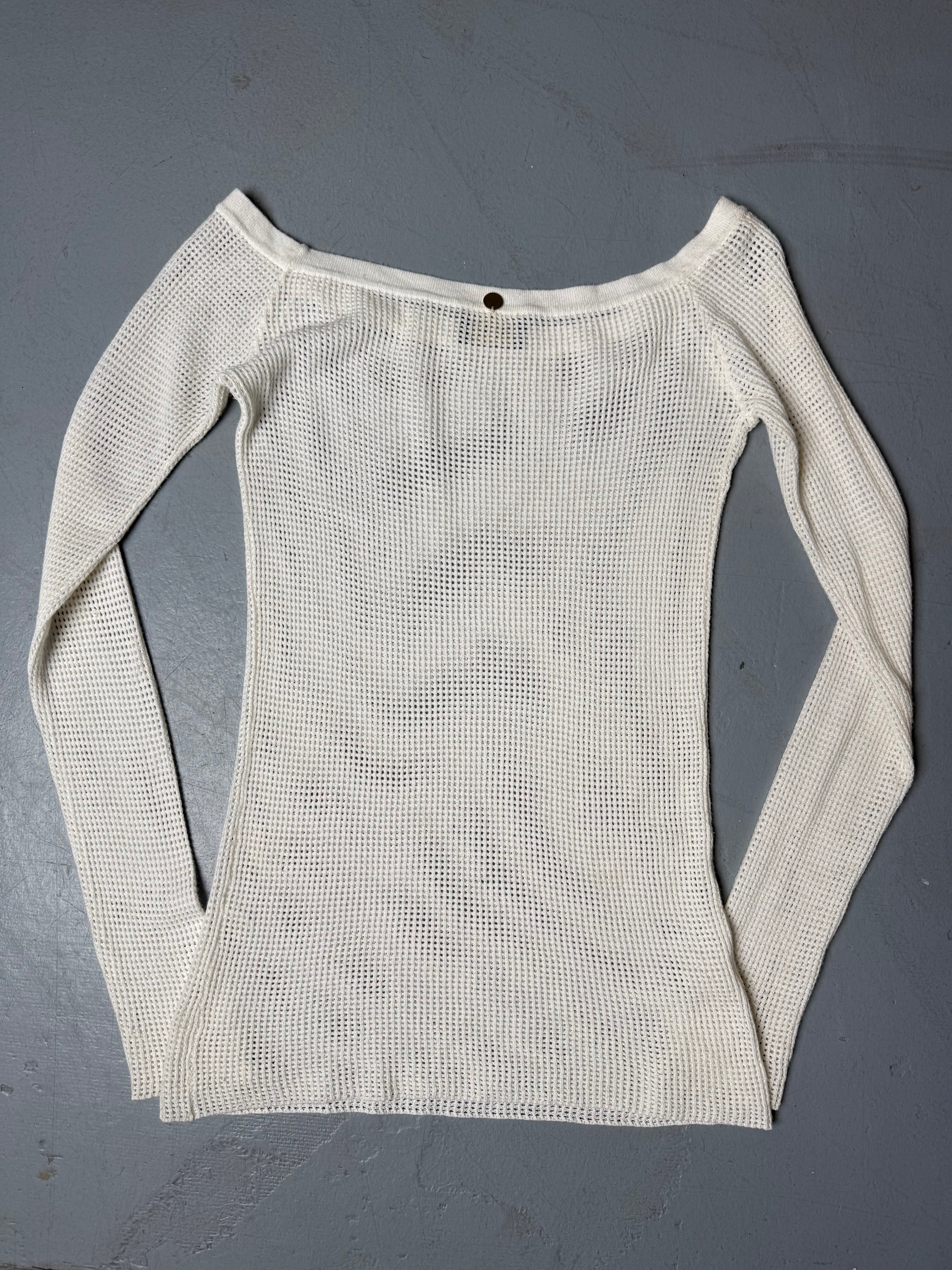 Vintage Liu Jo White Fishnet Offshoulder Longsleeve für Damen. Y2K Second Hand 2000s Fashion