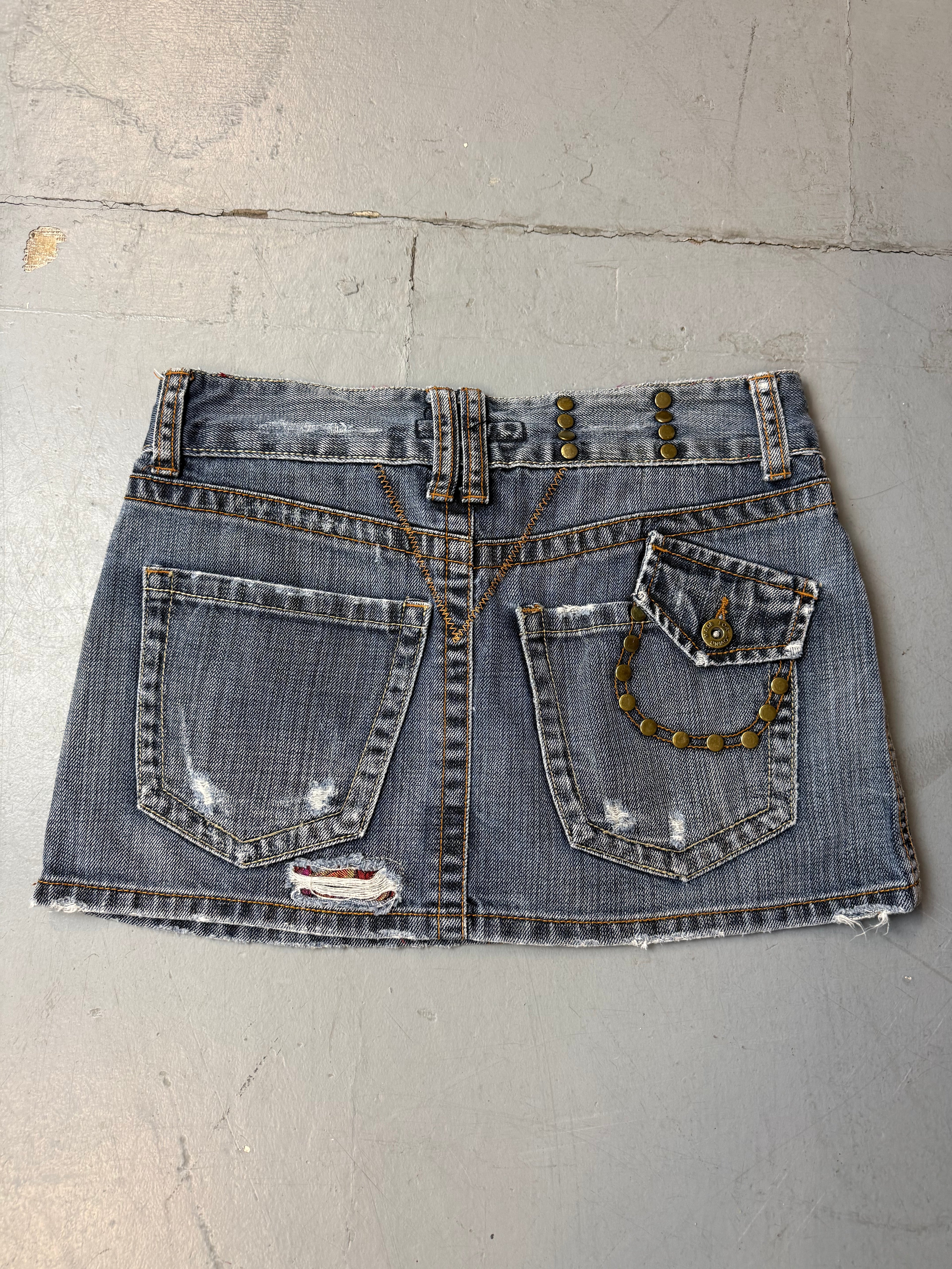 Vintage Denim Mini Skirt with Gold Studs S
