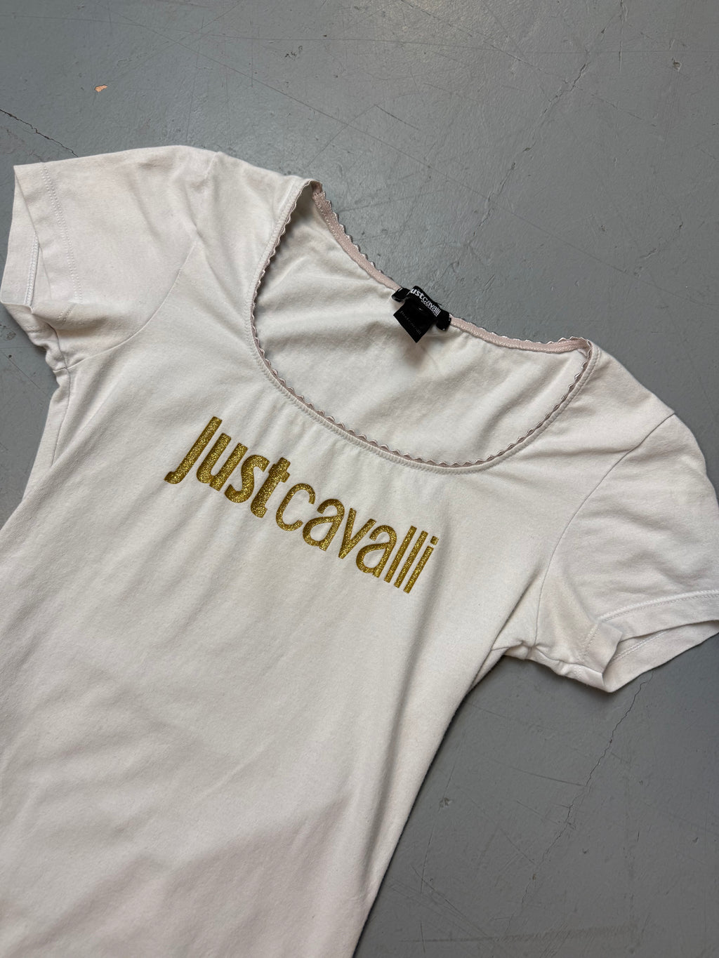 Vintage Just Cavalli White T-Shirt with Gold Glitter Logo Print S