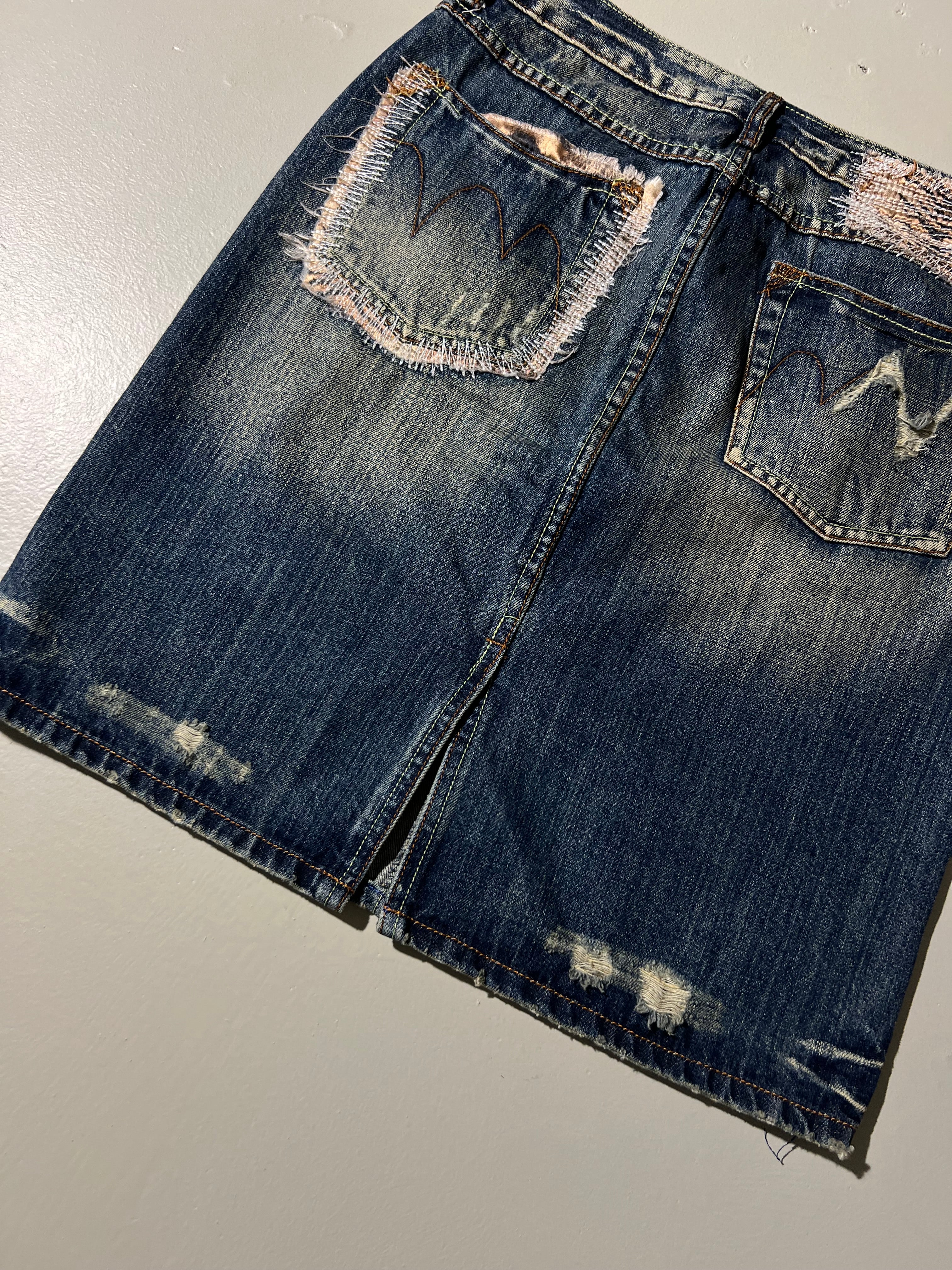 Vintage Jeans Midi Skirt with Ripped Details M