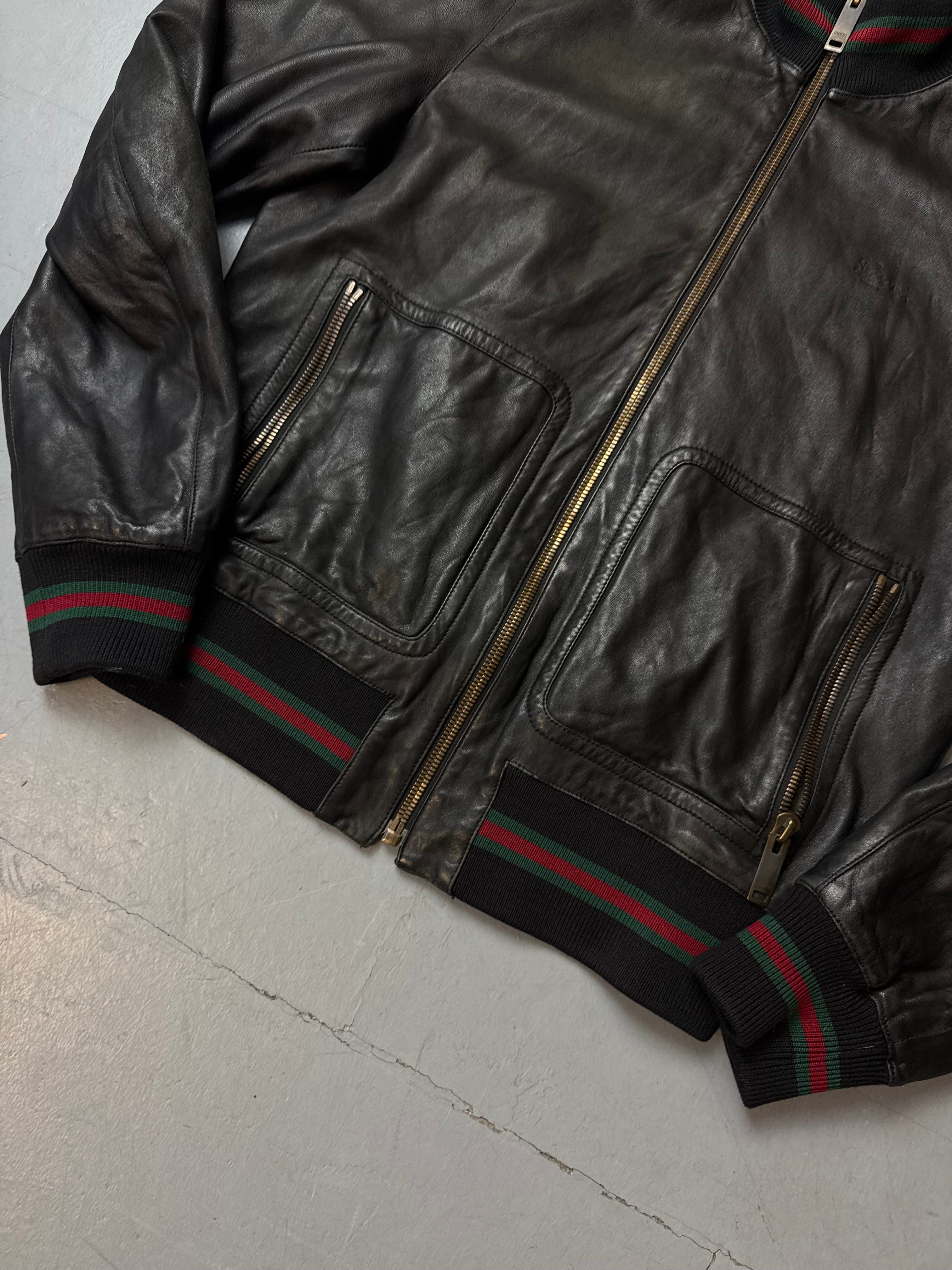 Vintage Gucci Black Leather Bomber Jacket M
