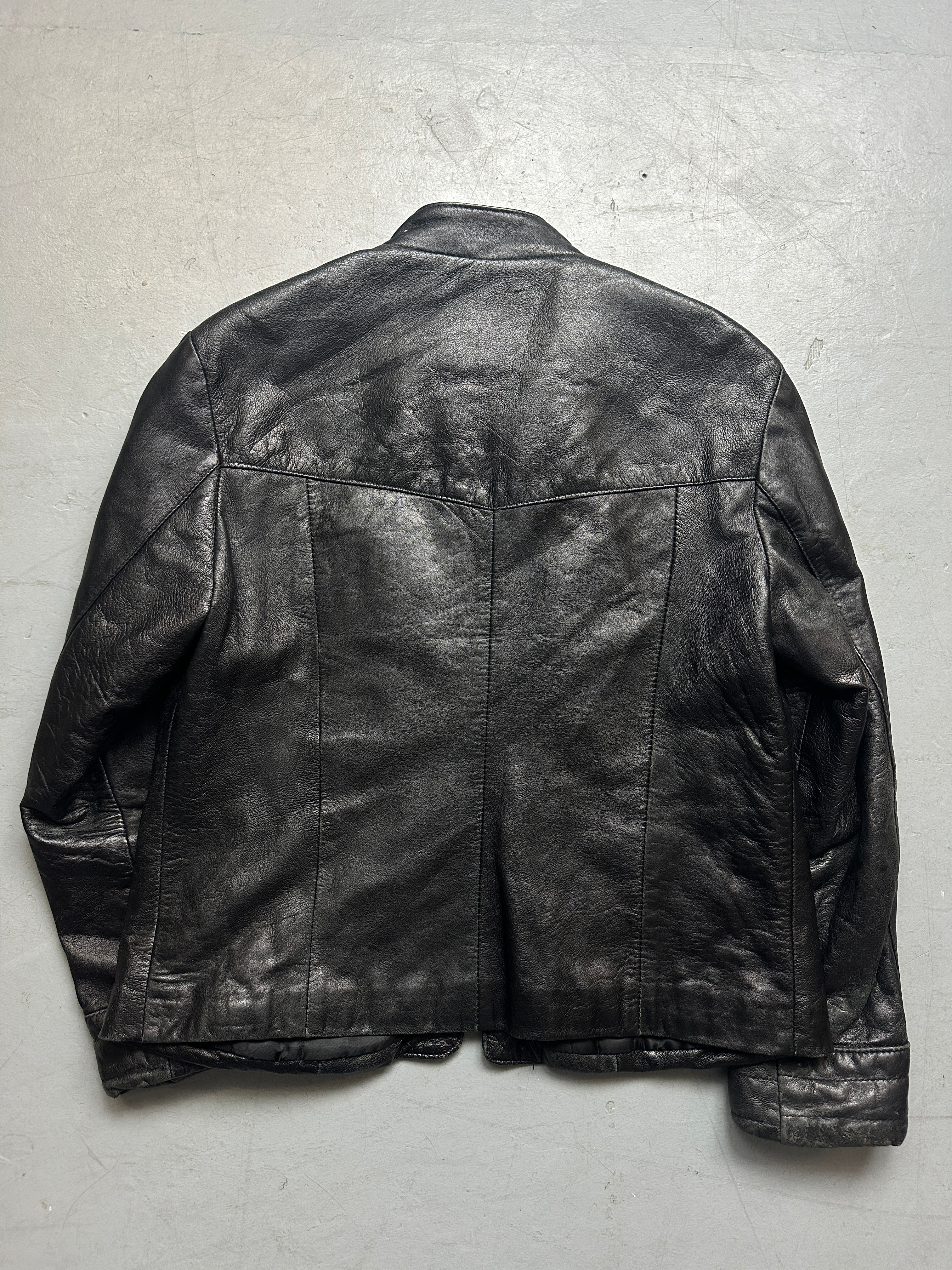Vintage Black Italian Strap Detail Leather Jacket for men. Y2K Second Hand 2000s Fashion 