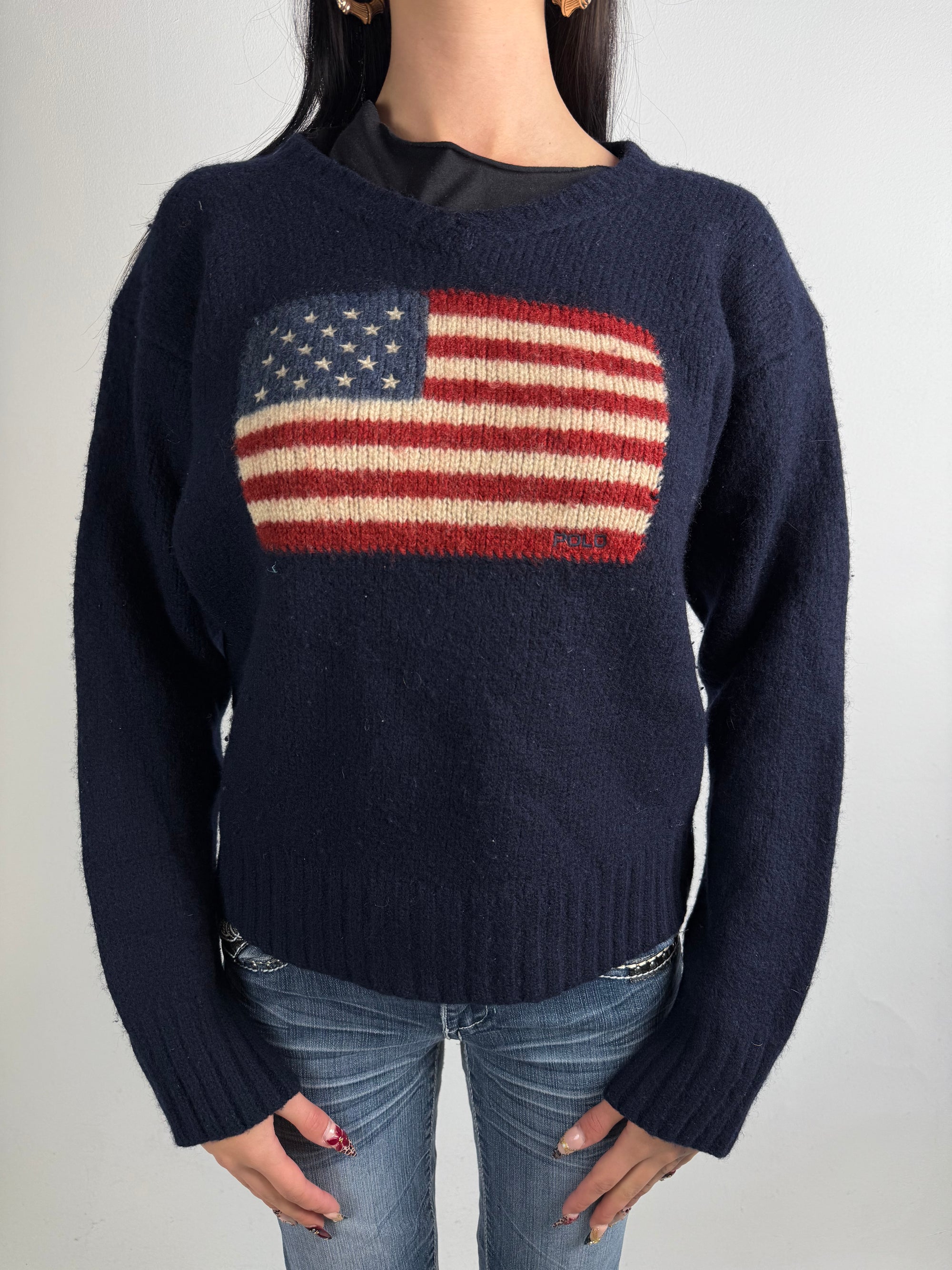 Vintage Polo Ralph Lauren USA Flag Dark Blue Knit Sweater M