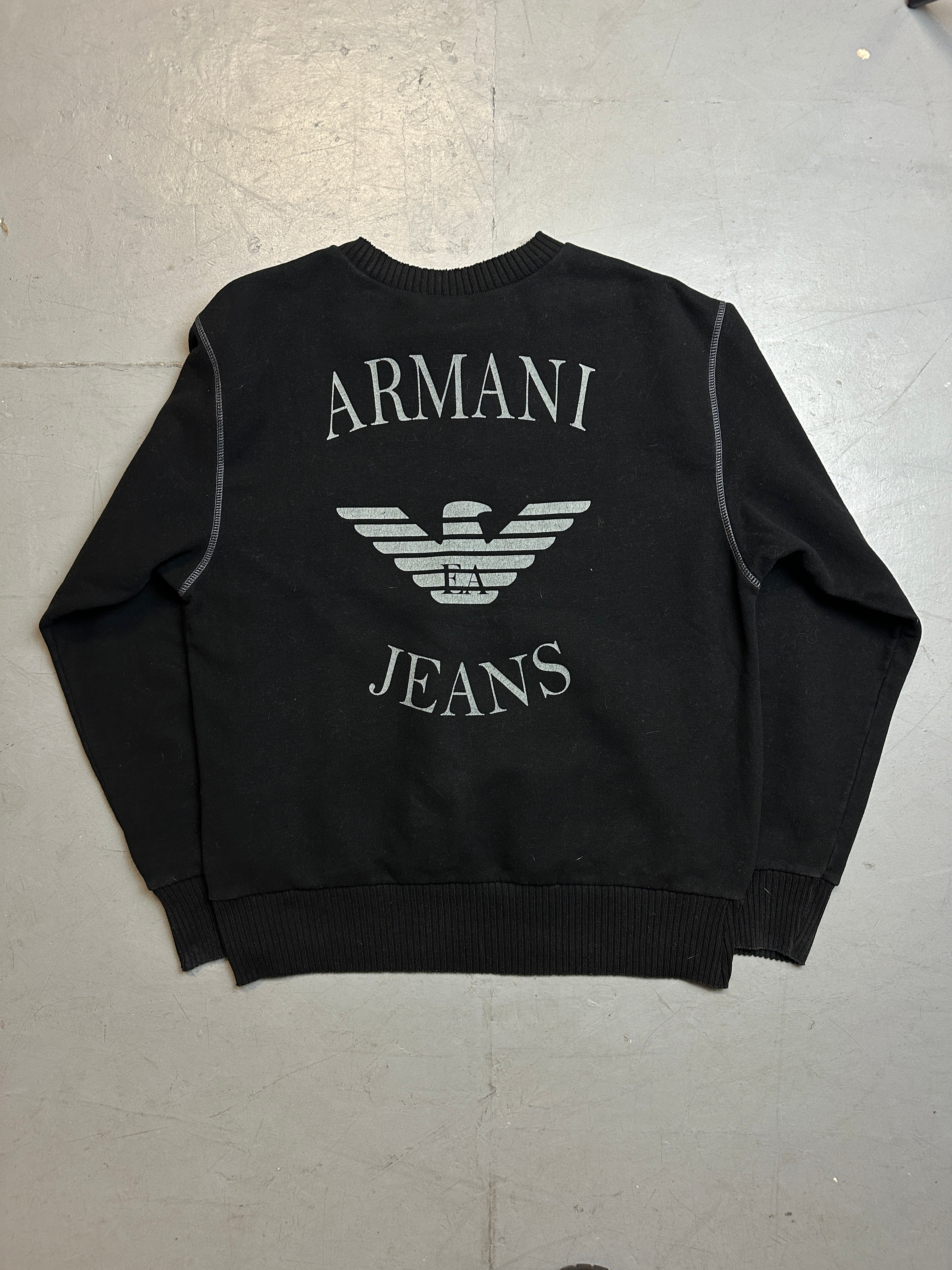 Vintage Armani Jeans Black Sweater with Backprint für Männer. Y2K Secondhand 2000s Fashion