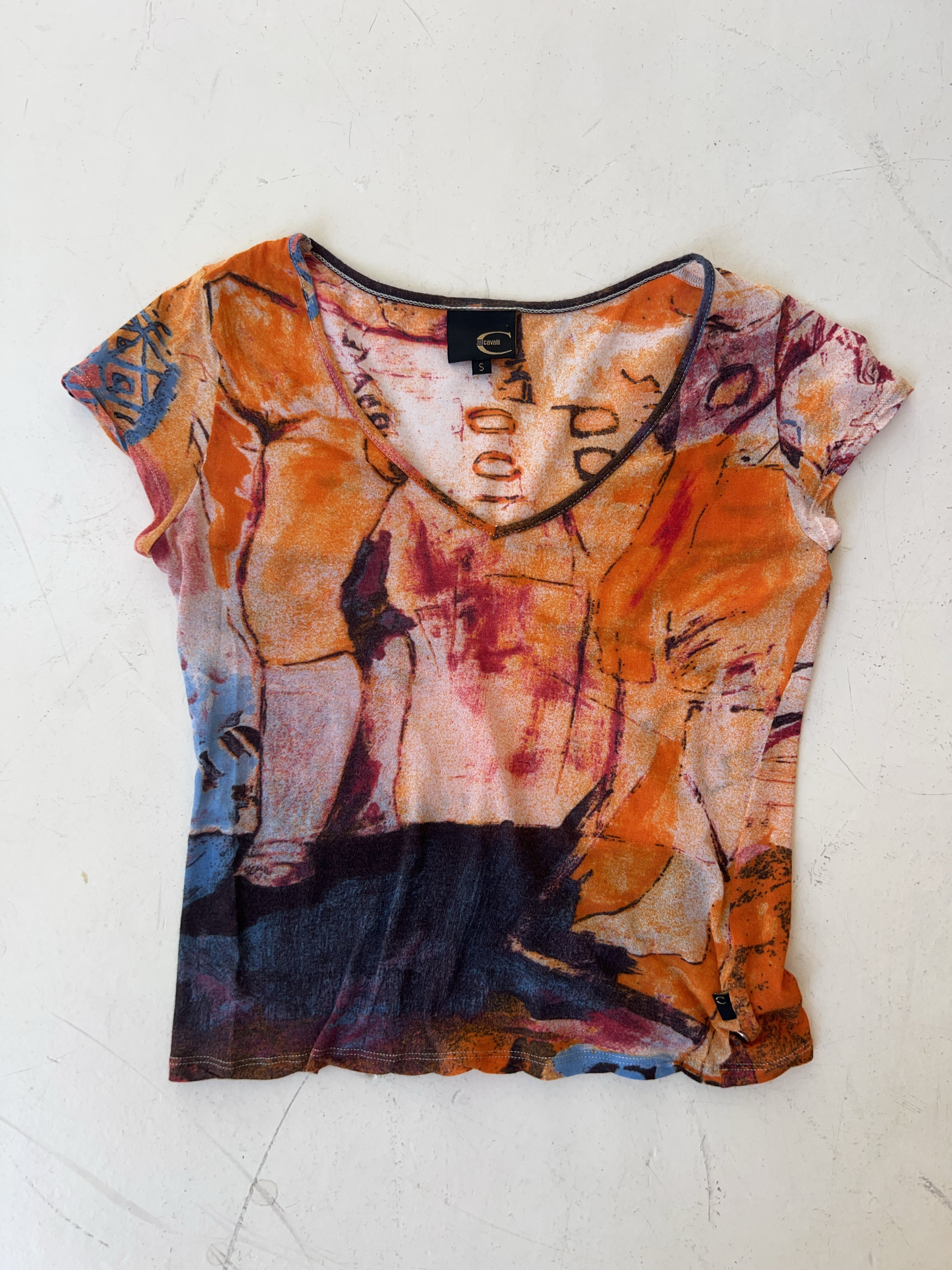 Vintage Just Cavalli Mesh T-Shirt für Damen. Y2k Second Hand 2000s Fashion.