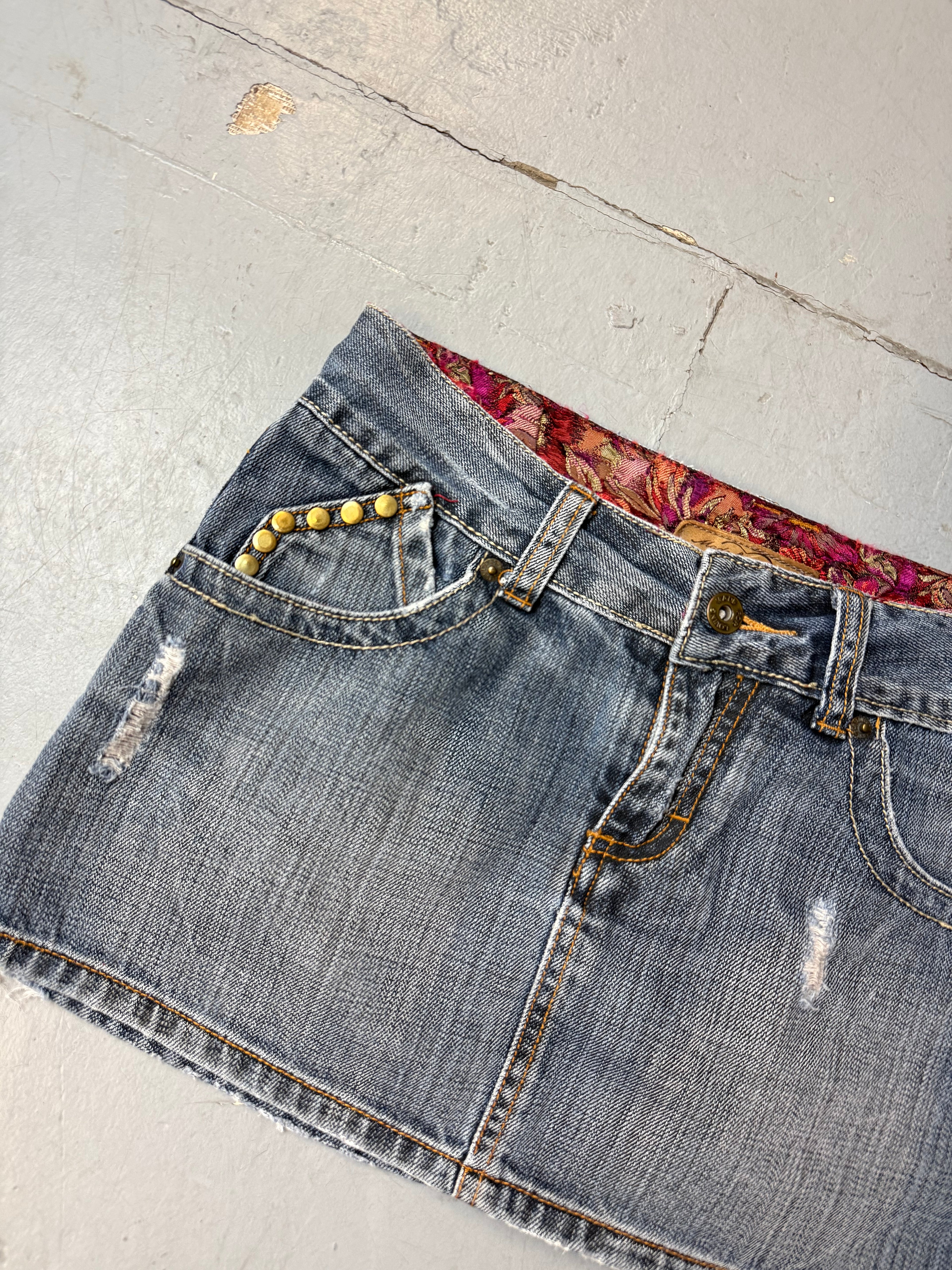 Vintage Denim Mini Skirt with Gold Studs S