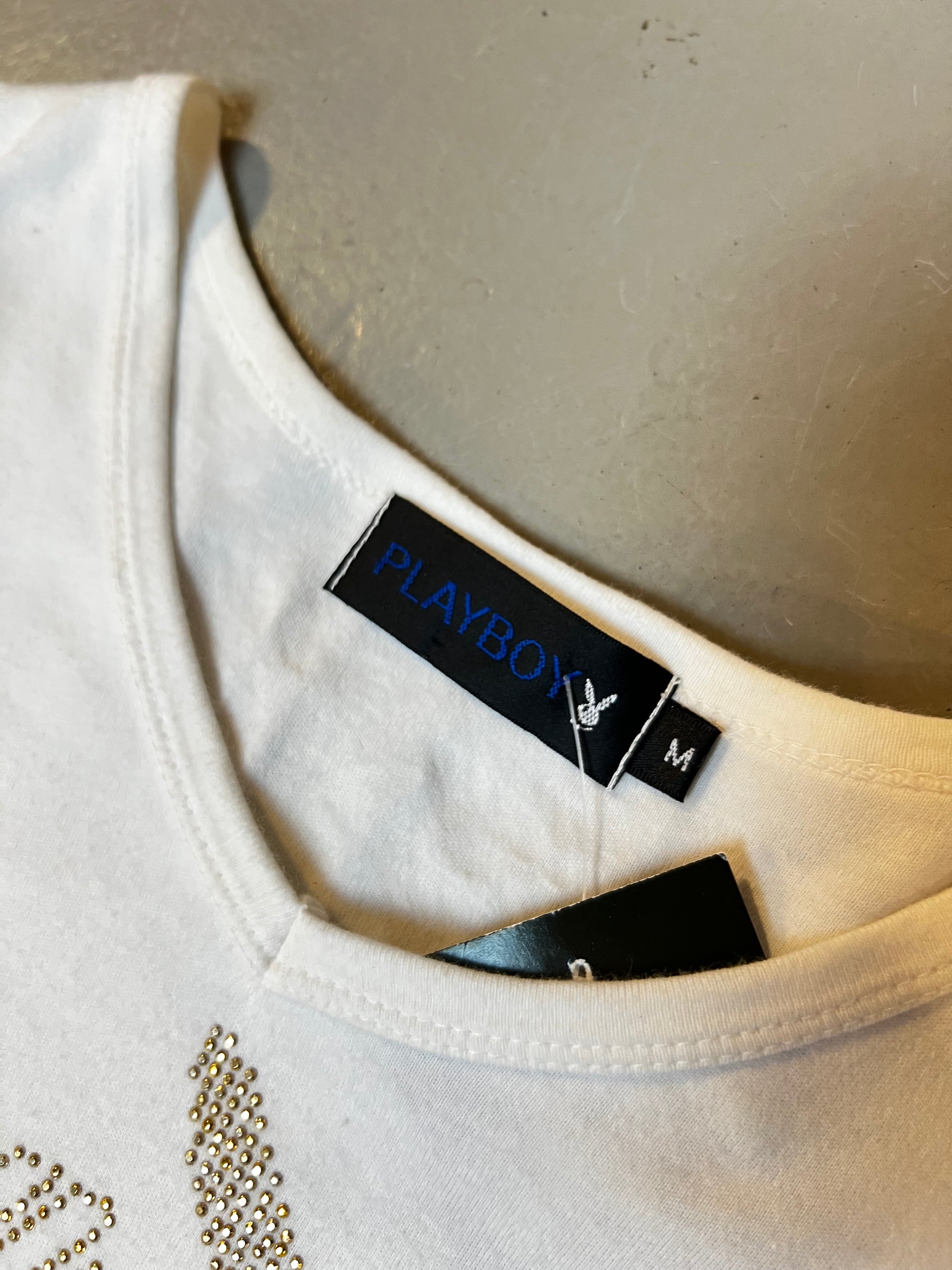 Vintage Playboy White Tee with Gold Rhinestones M