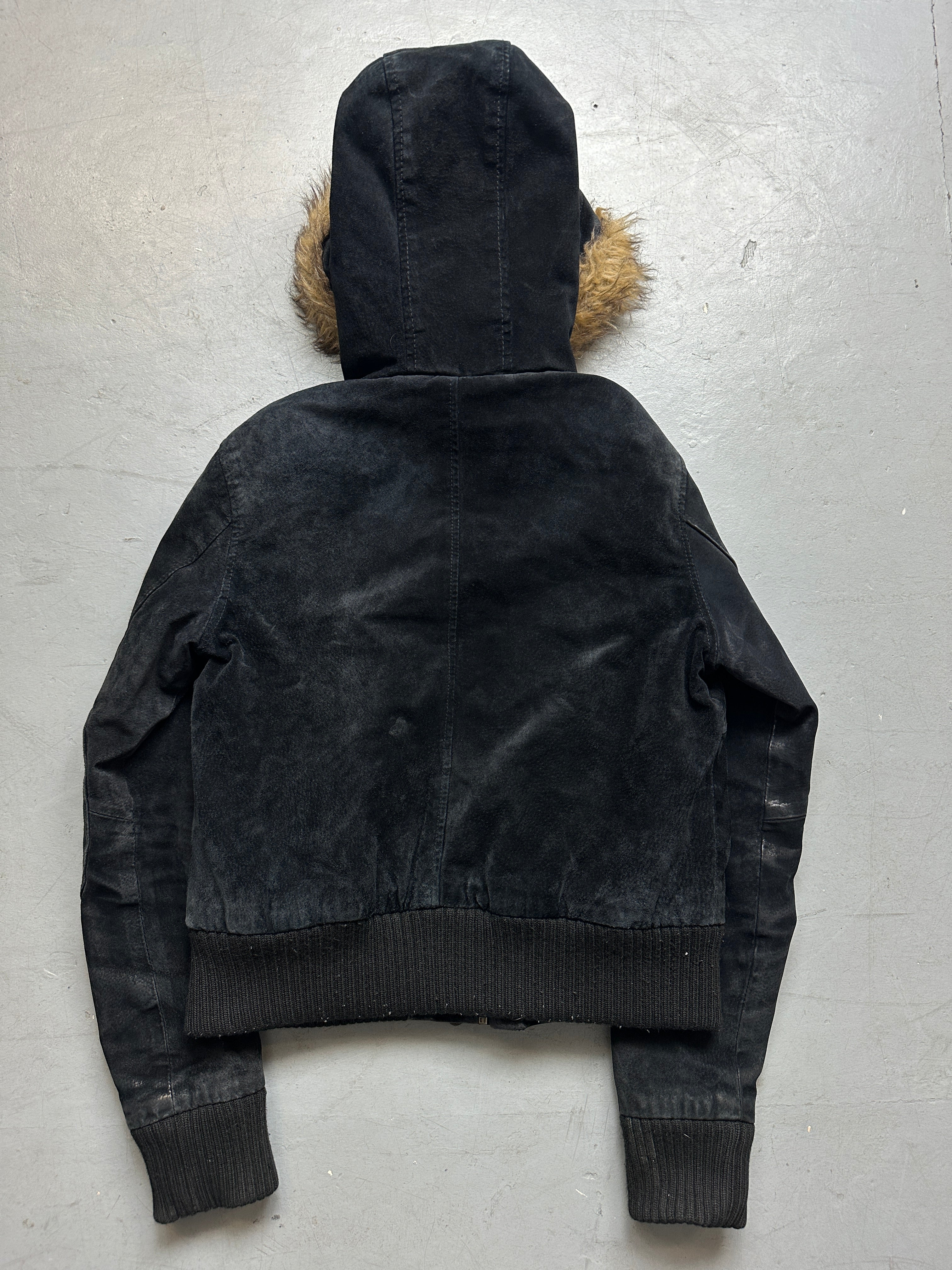 Vintage Mustang Black Fur Hooded Leather Jacket for women. Y2K Second Hand 2000s Fashion 