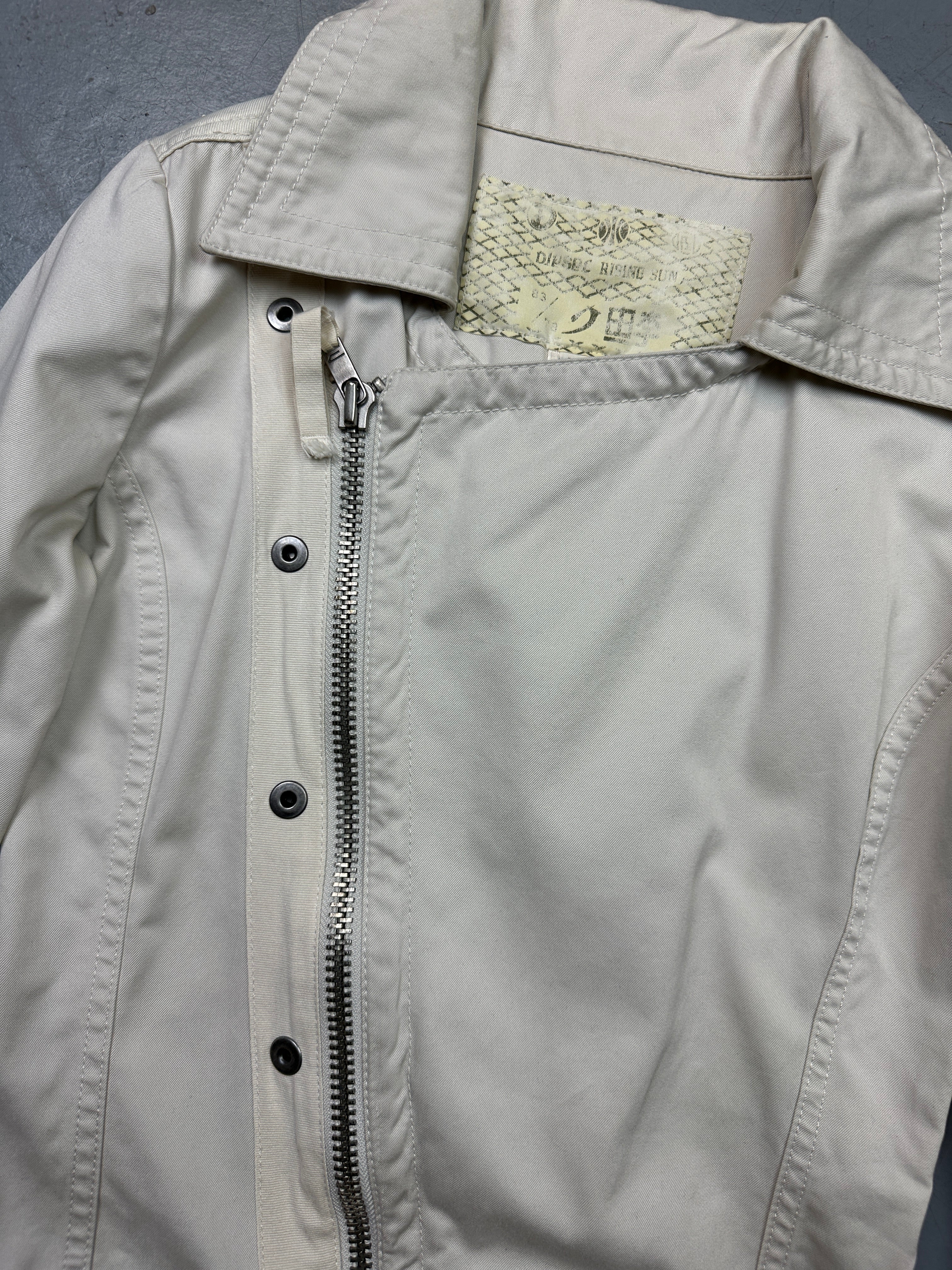Vintage Diesel Rising Sun White Coat with asymmetrical zip. Y2K Second Hand 2000s Fashion