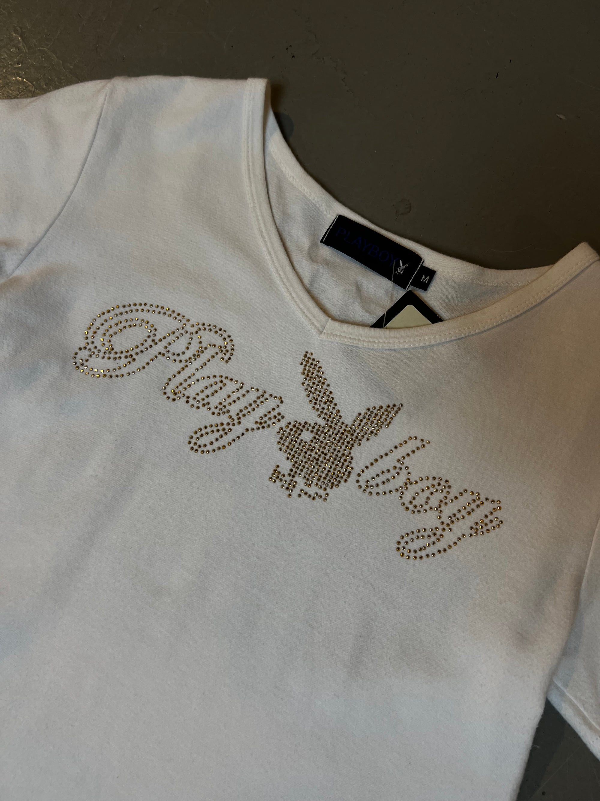 Vintage Playboy White Tee with Gold Rhinestones M