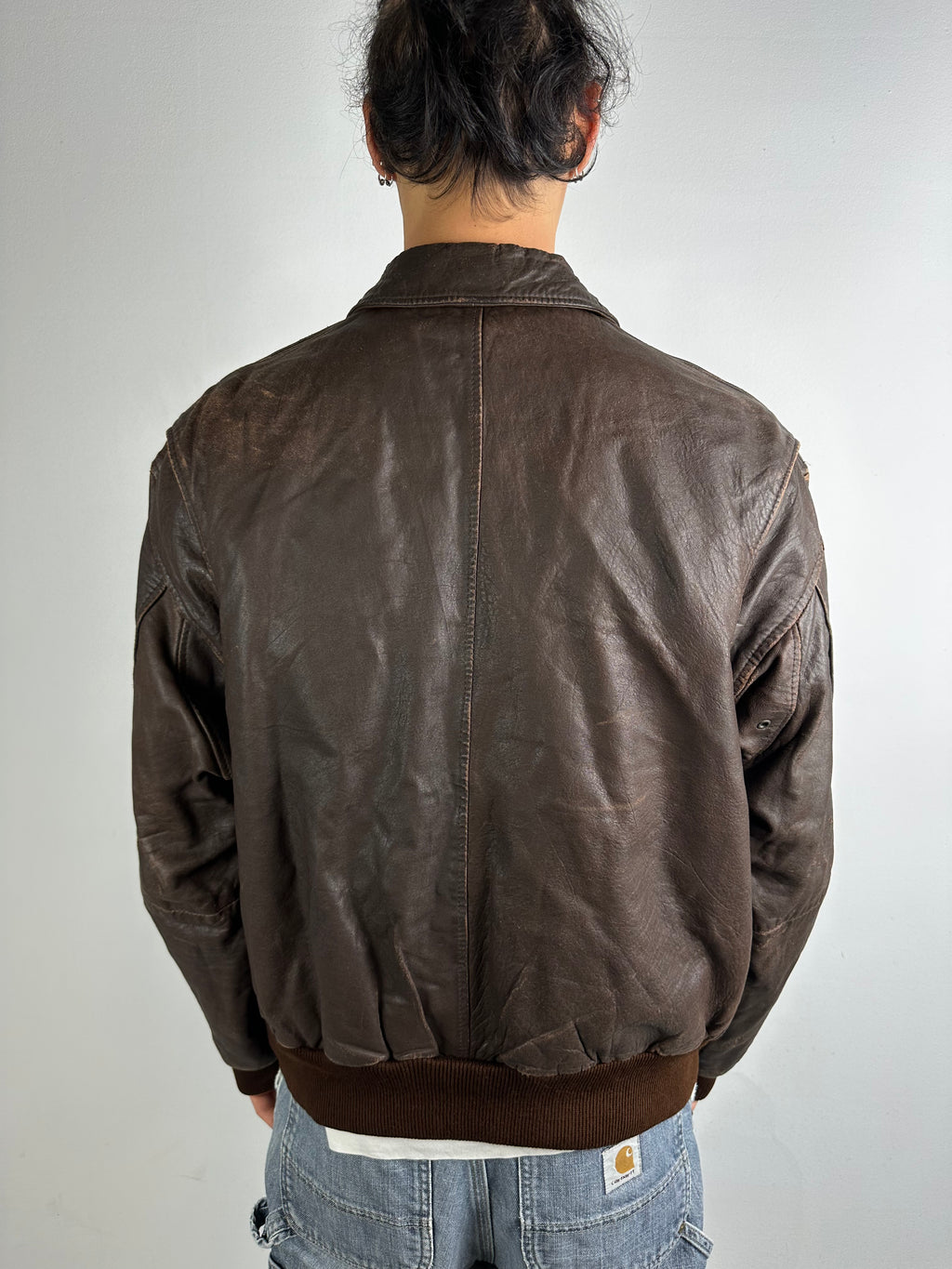 Vintage Brown Real Leather Jacket with Patches M