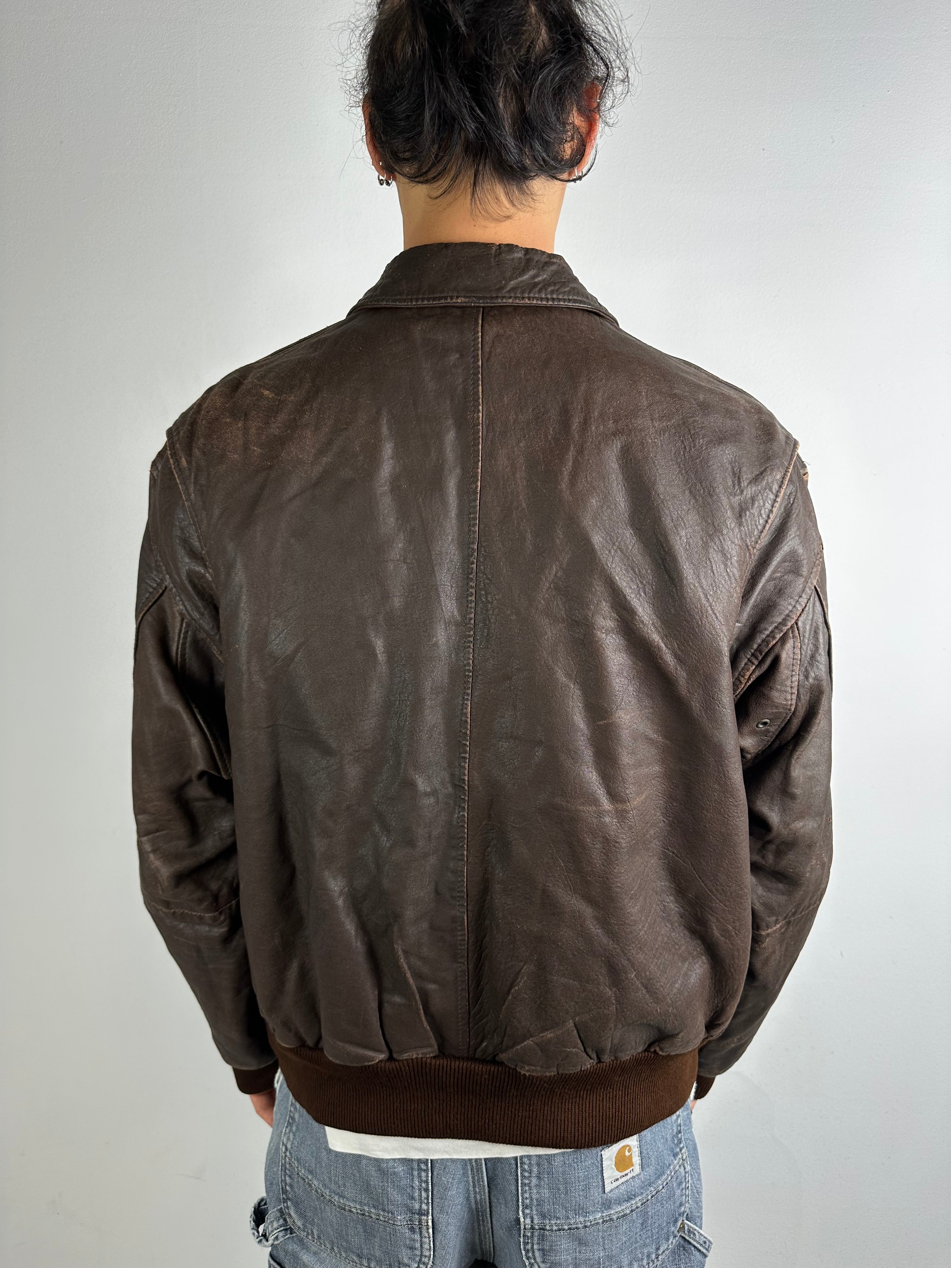 Vintage Brown Real Leather Jacket with Patches M