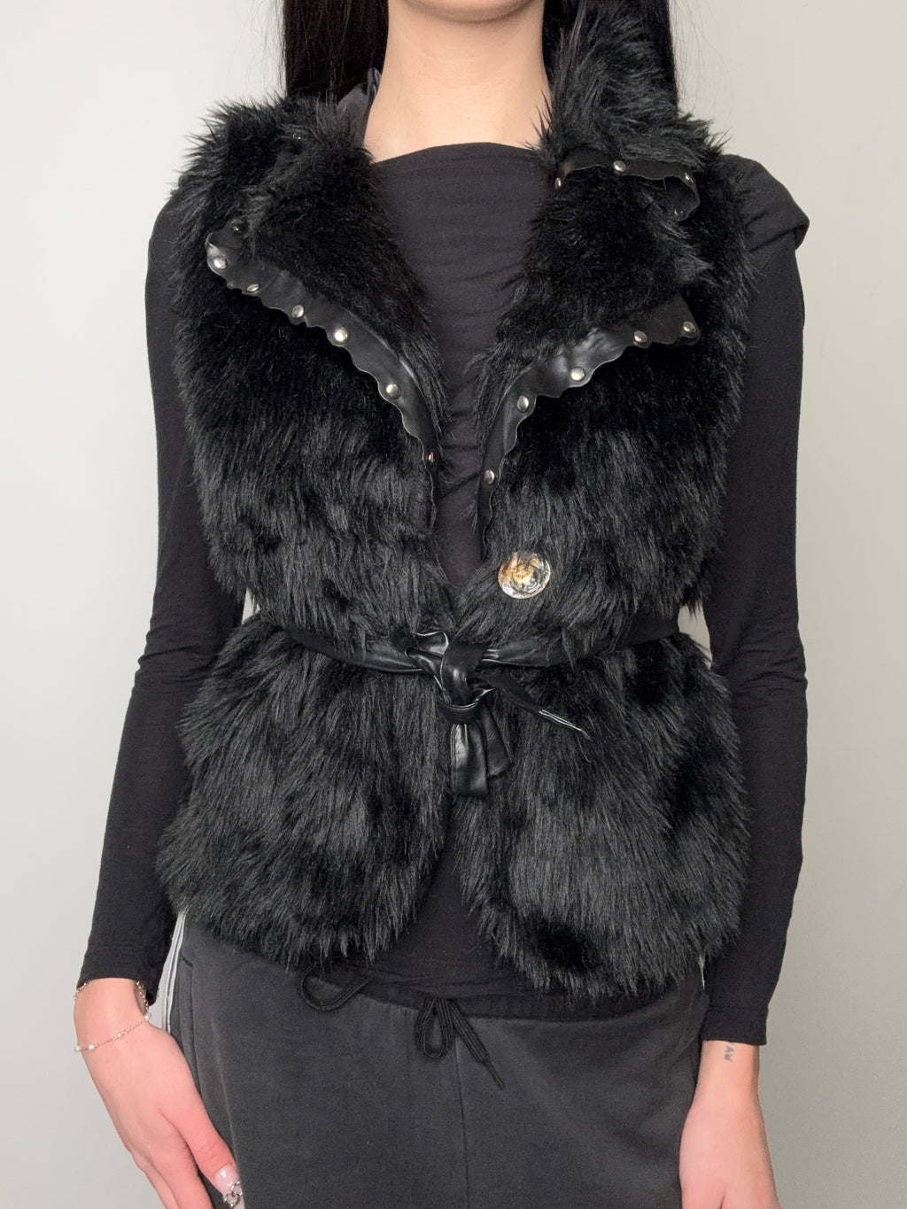 Vintage Black Faux Fur Vest with Belt S/M
