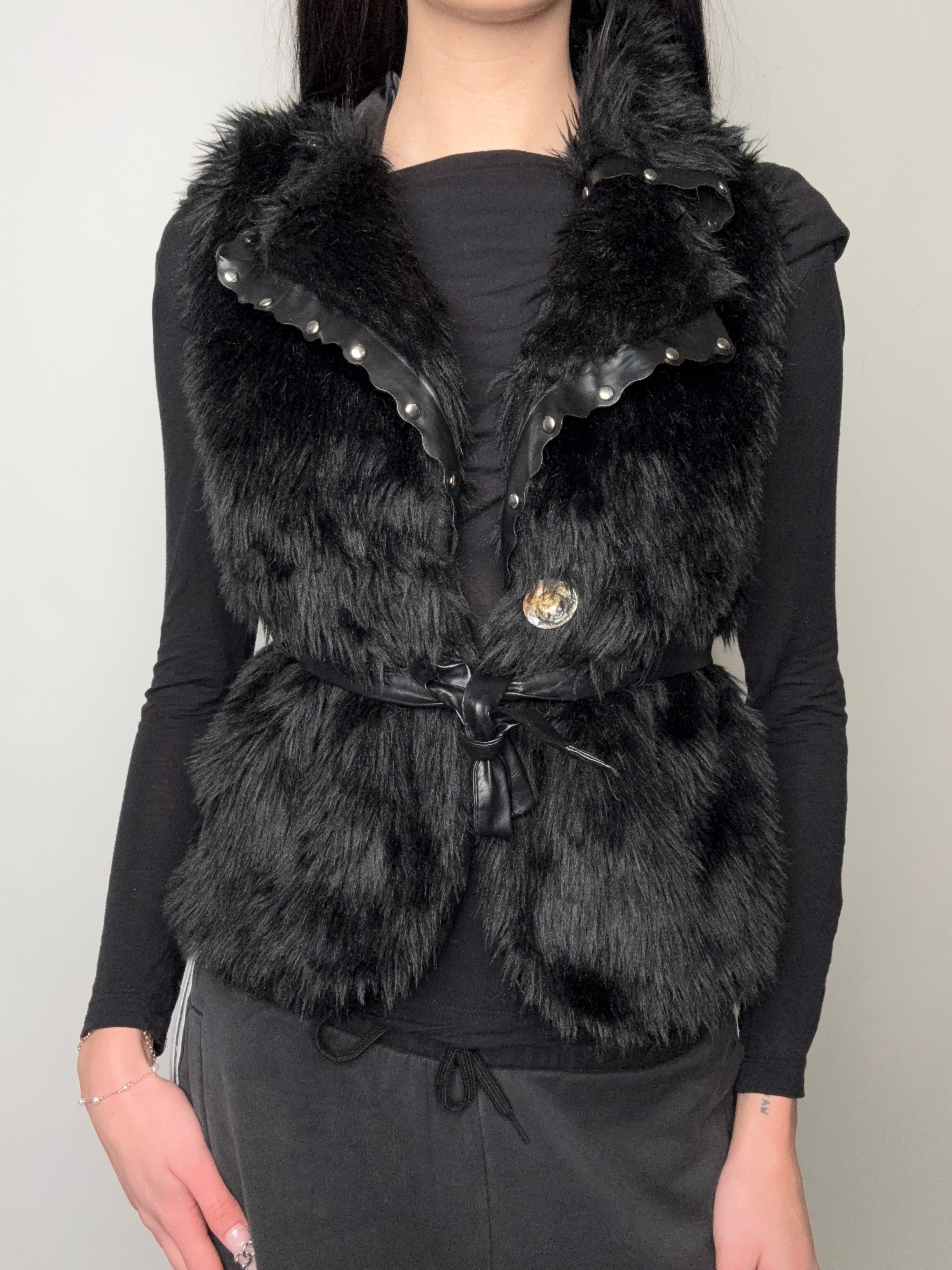 Vintage Black Faux Fur Vest with Belt S/M