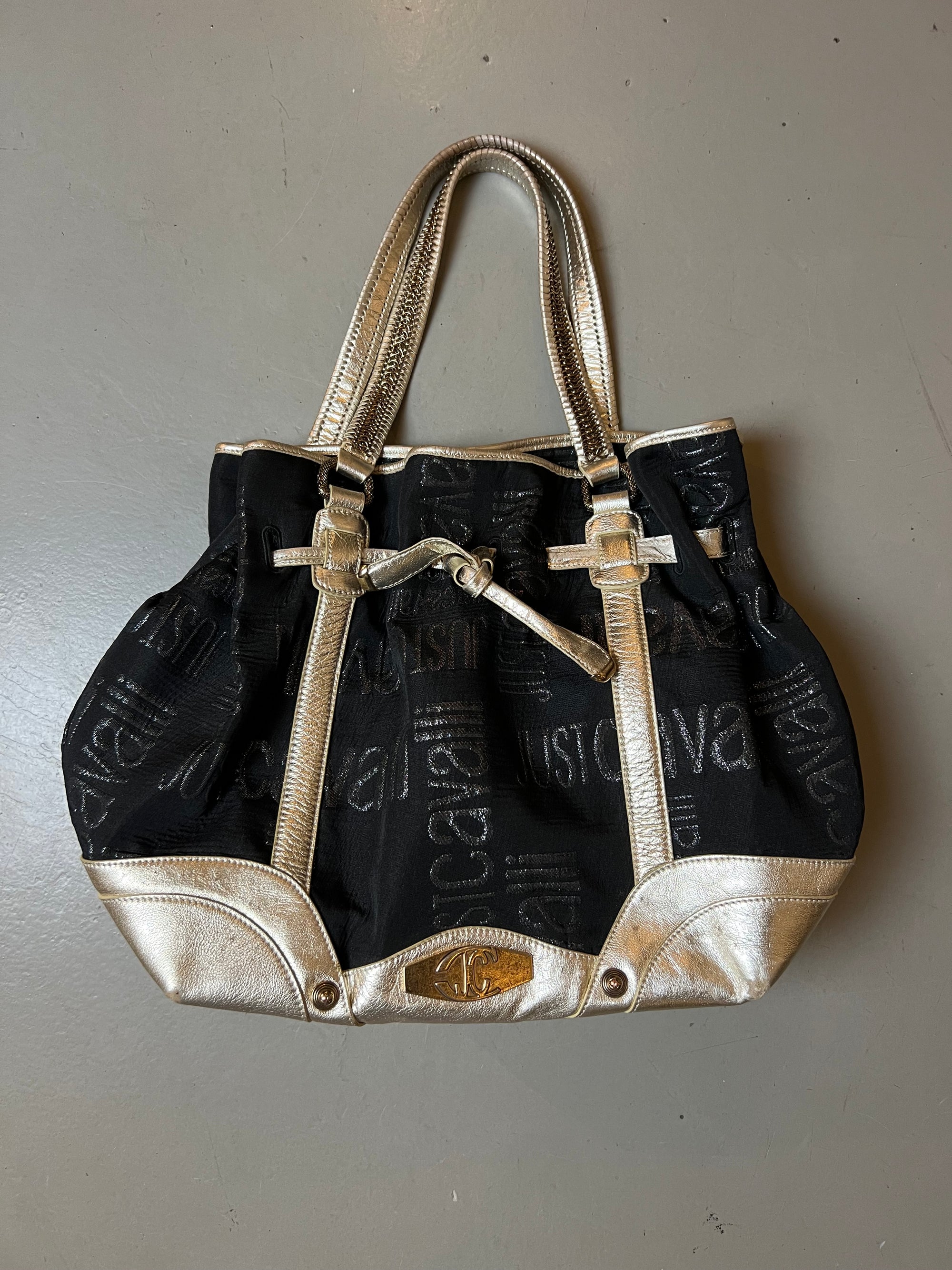 Vintage Just Cavalli Black and Gold Y2K Bag