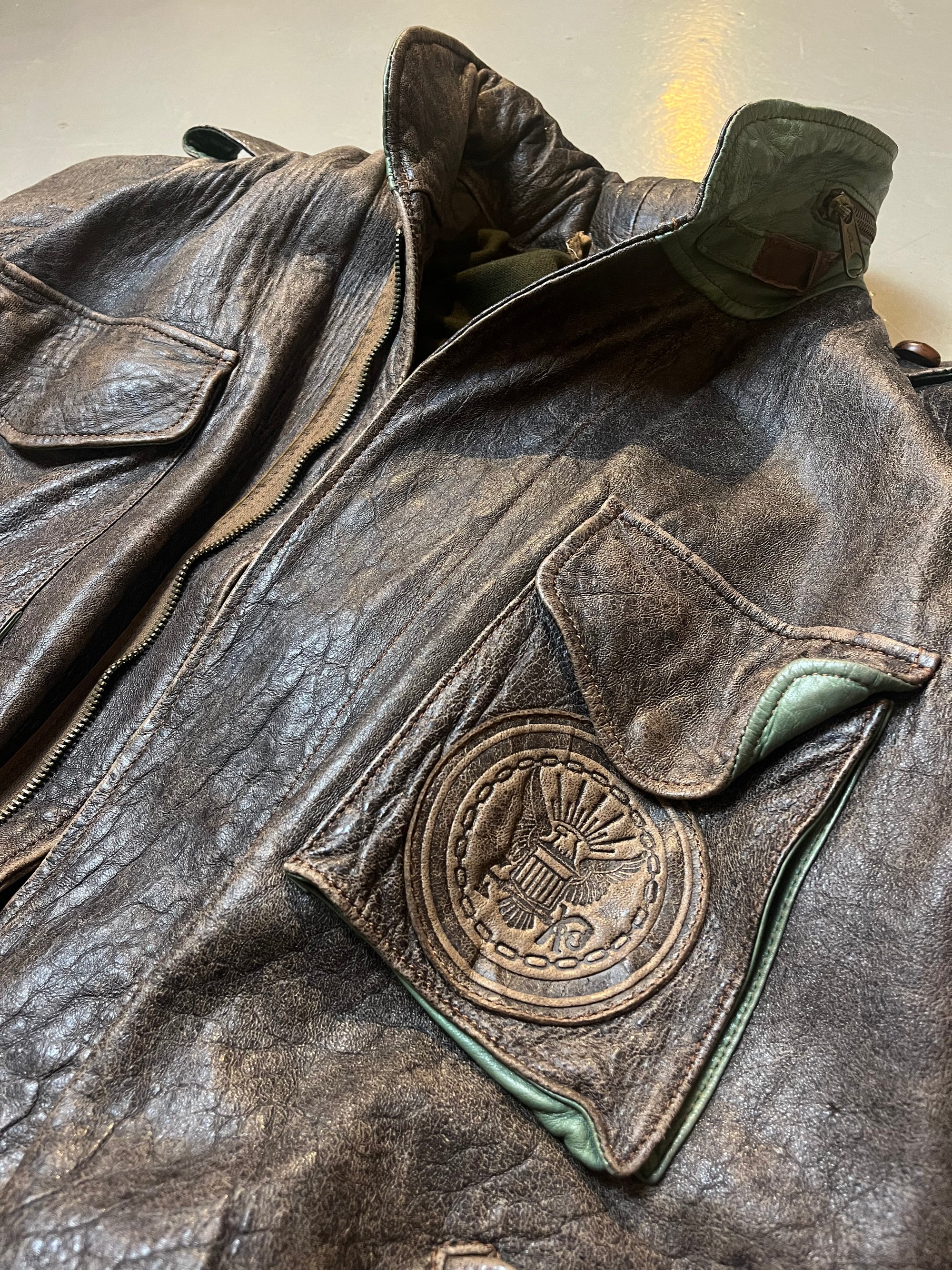 Vintage Brown Leather Jacket With Green Details L/XL