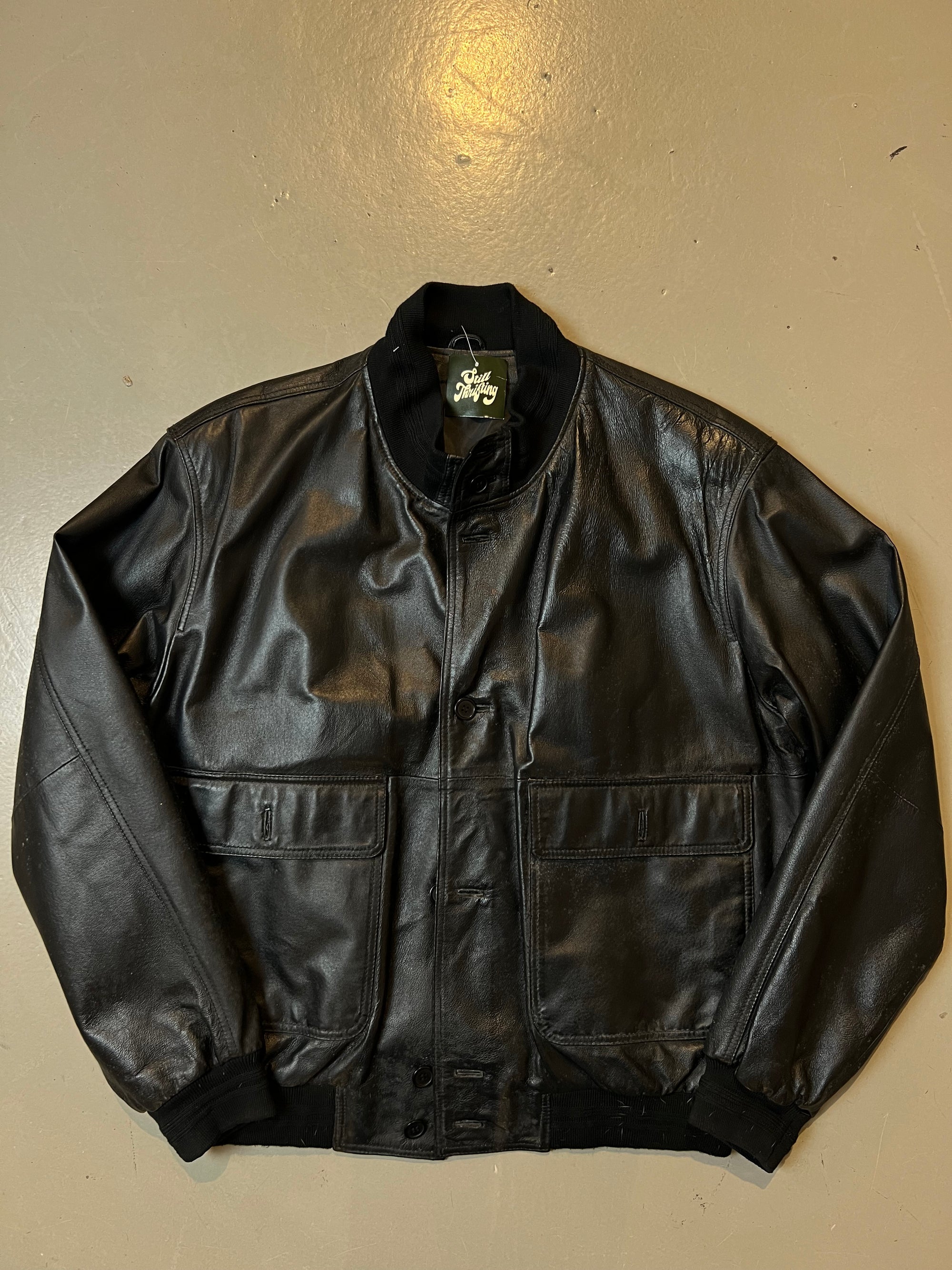 Vintage Black Button Up Leather Jacket L/XL