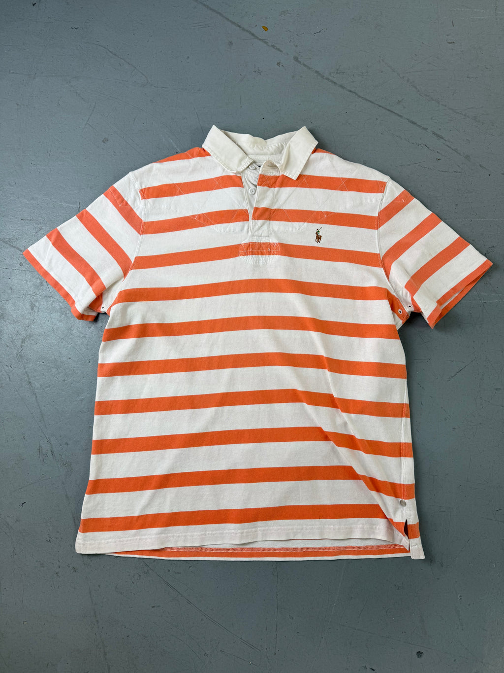 Vintage Polo Ralph Lauren White Orange Striped Polo Shirt für Herren. Y2K Second Hand 2000s Fashion
