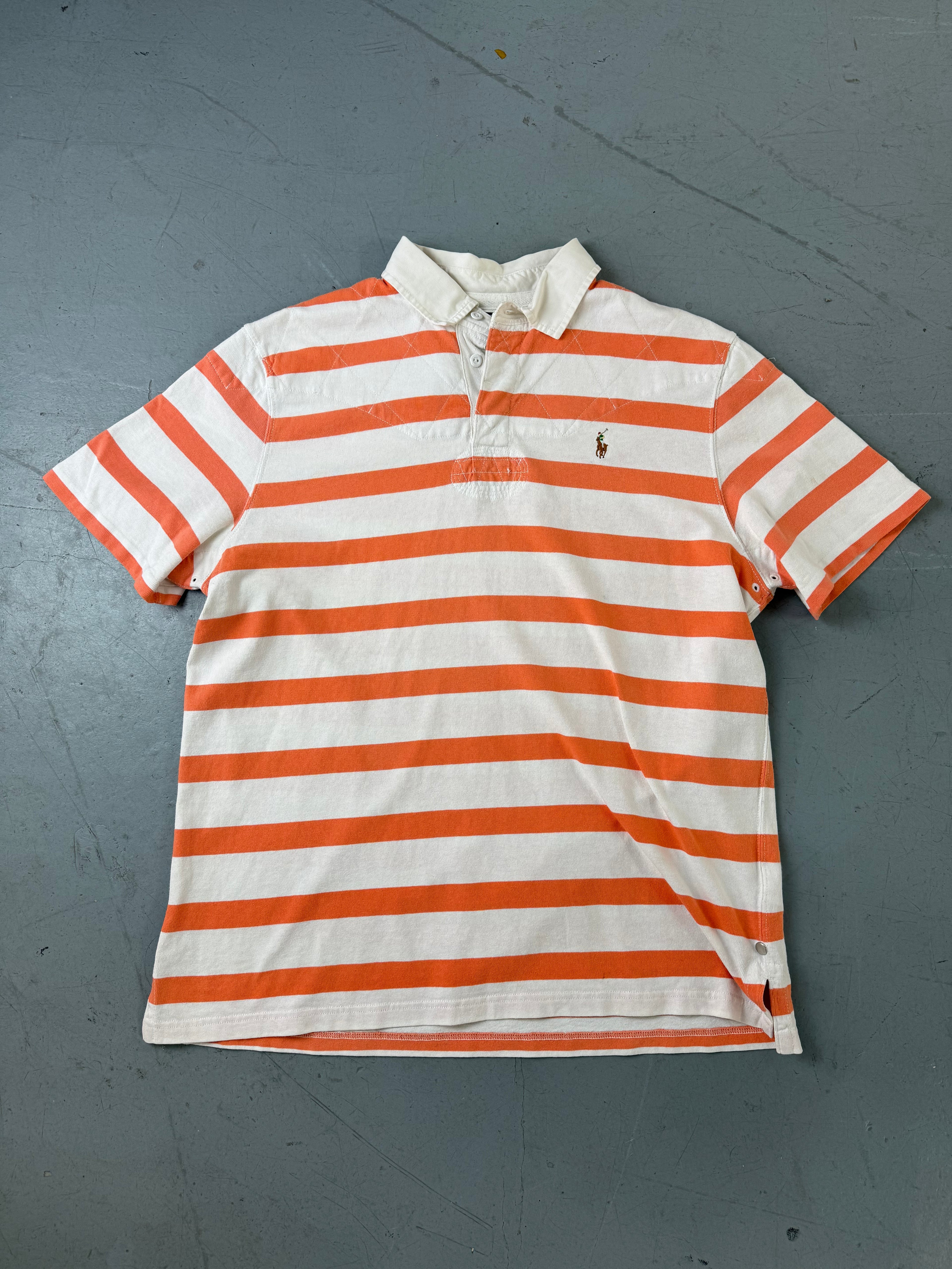 Vintage Polo Ralph Lauren White Orange Striped Polo Shirt für Herren. Y2K Second Hand 2000s Fashion