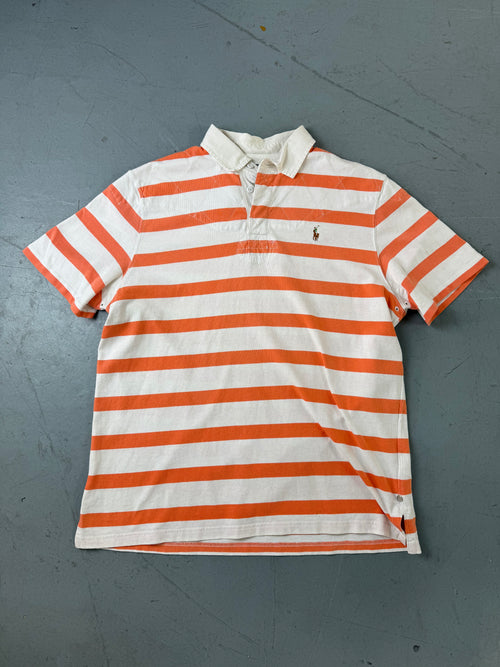 Vintage Polo Ralph Lauren White Orange Striped Polo Shirt für Herren. Y2K Second Hand 2000s Fashion