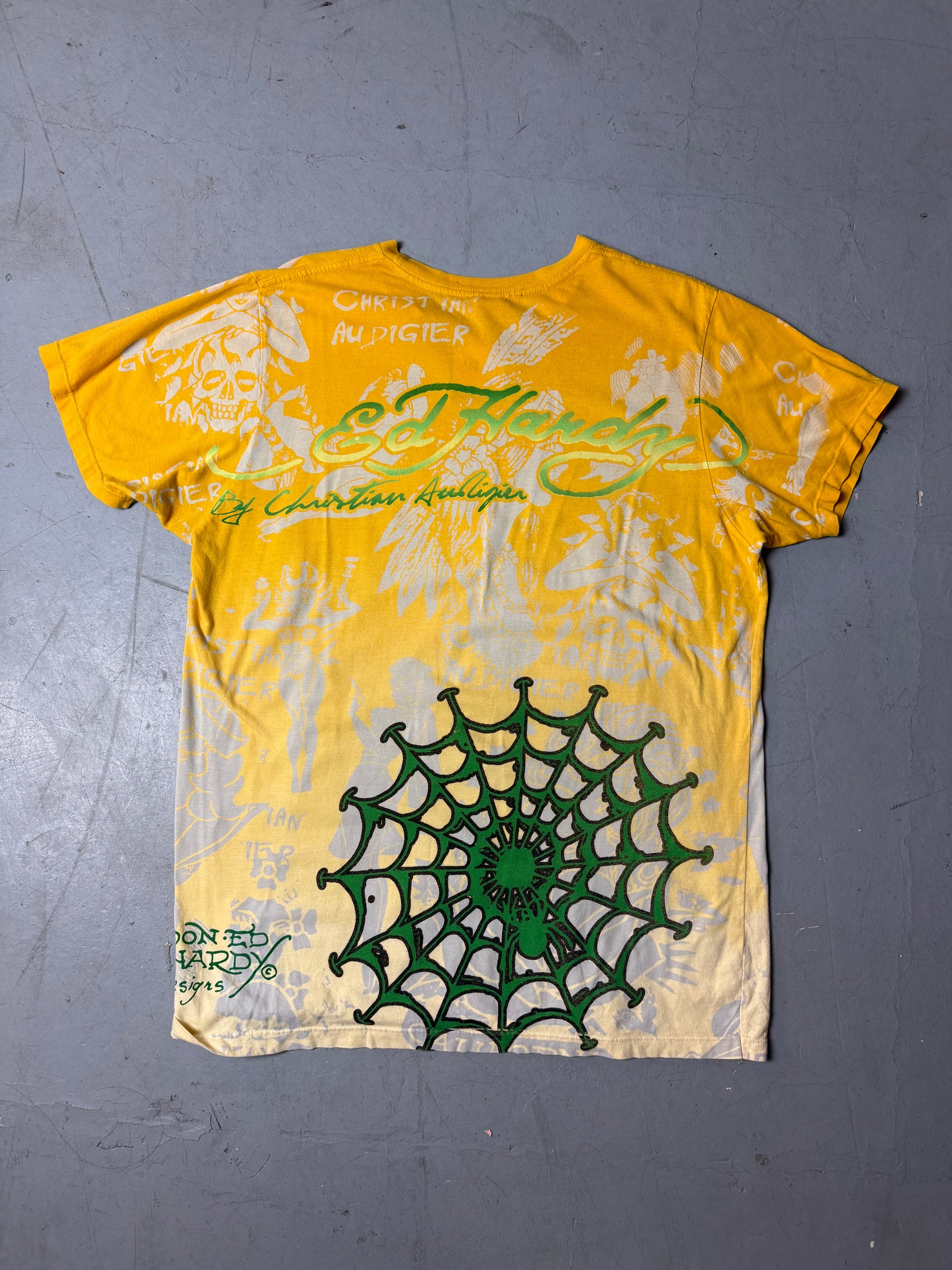 Produktbild von einem Vintage Ed Hardy Yellow Printed T-Shirt von hinten