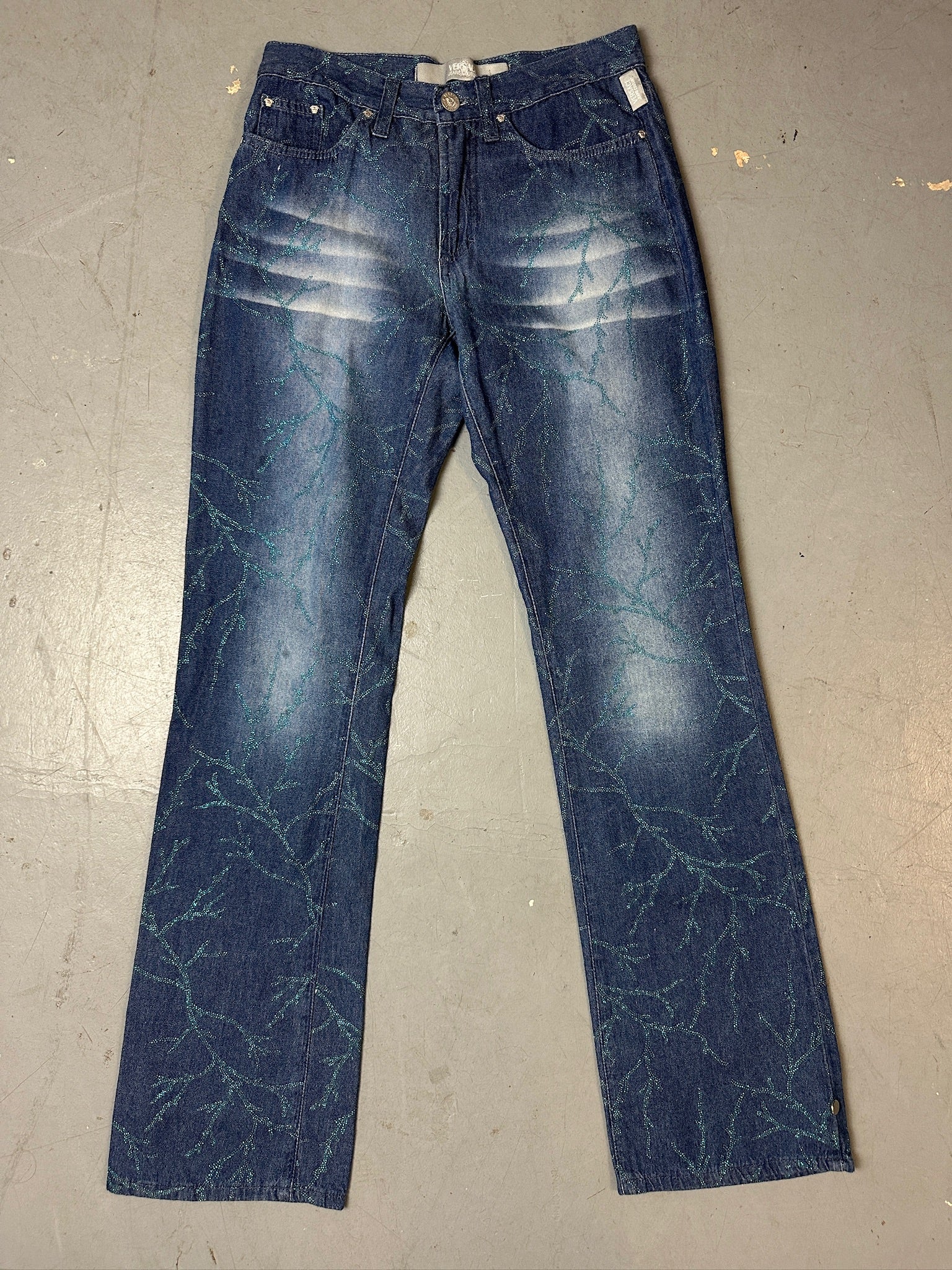 Vintage Versace Bootcut Denim with Blue Glitter Details XS