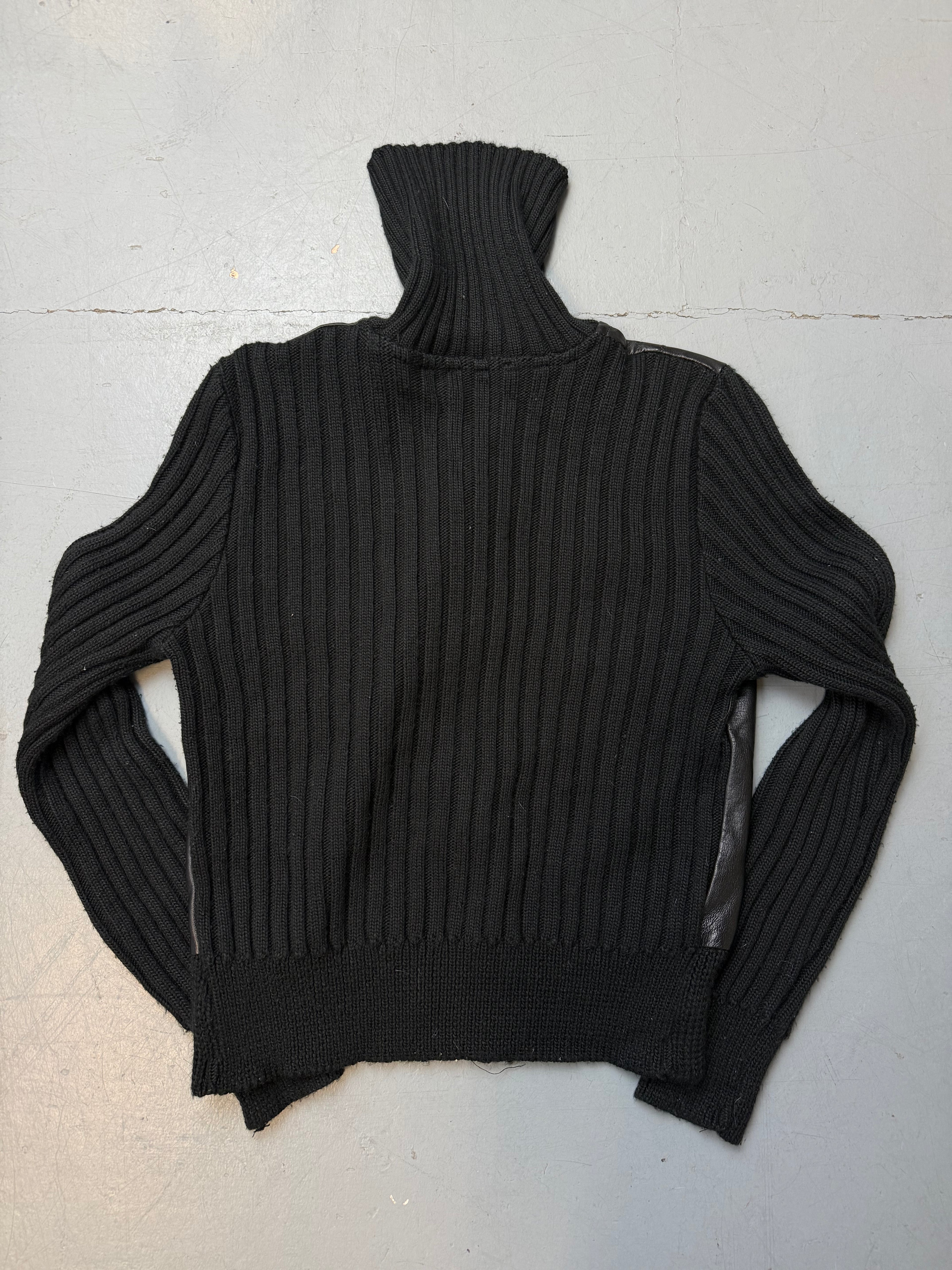 Vintage Black Knit and Leather Zip Up für Damen. Y2K Second Hand 2000s Fashion