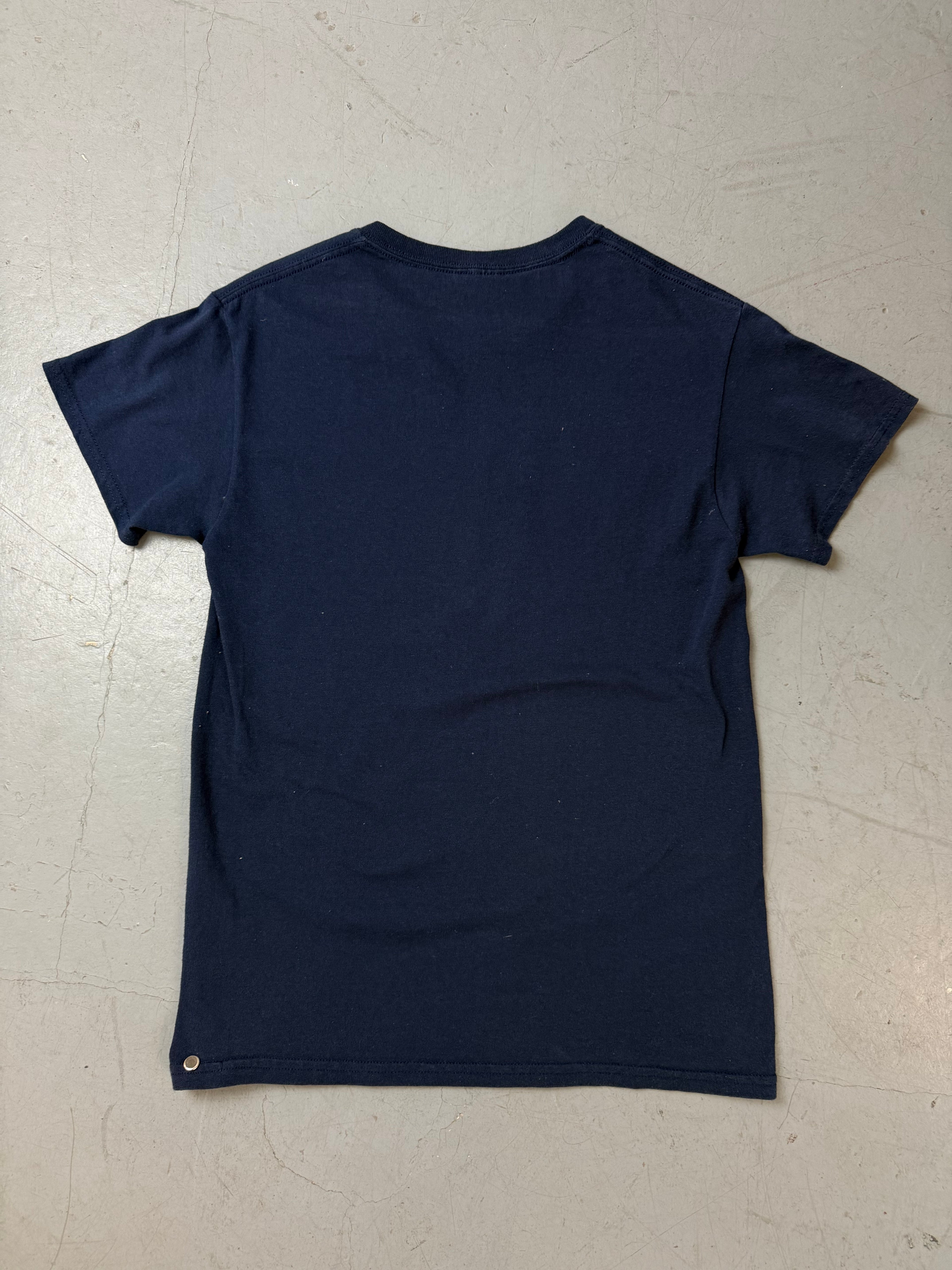 Vintage Dark Blue Printed T-Shirt M für Herren. Secondhand Y2K 2000s Fashion