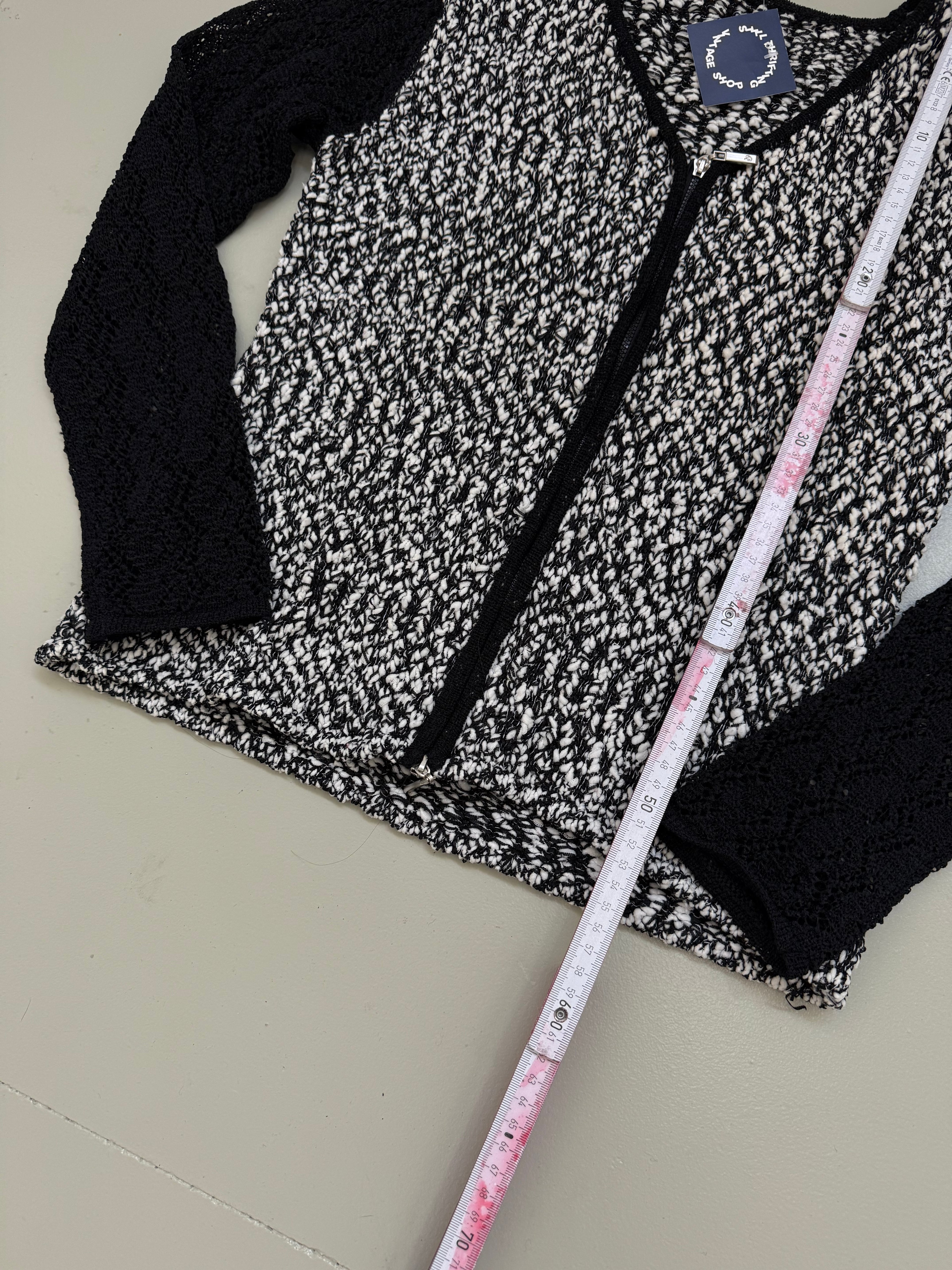 Vintage Black and White Knit Zip Sweater M