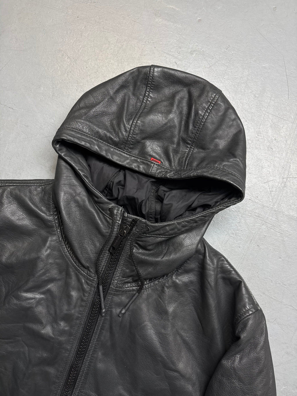 Vintage Black Strellson Hooded Leather Jacket für Herren. Y2K Second Hand 2000s Fashion