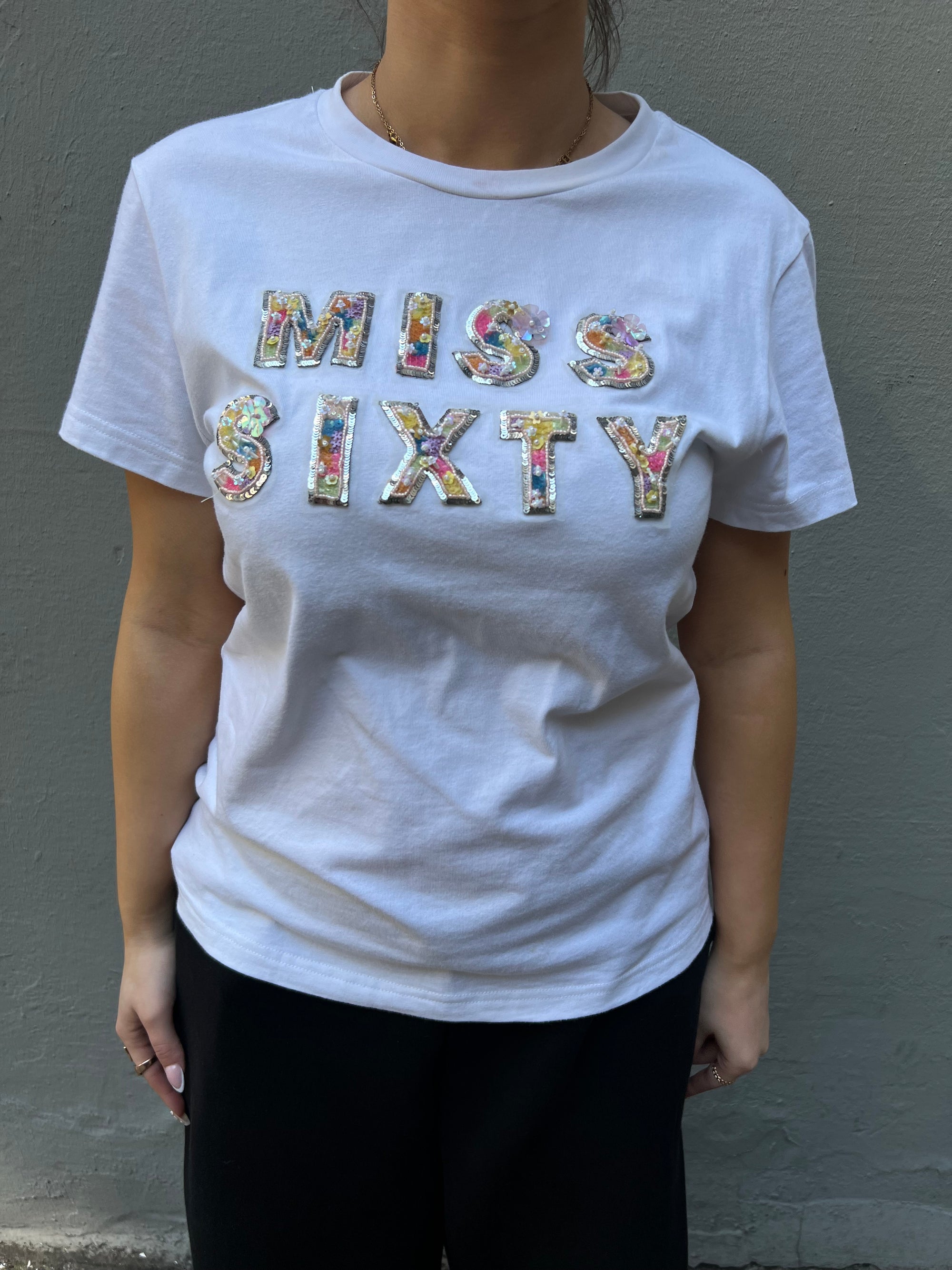 Vintage Miss Sixty White Glitter Tee M