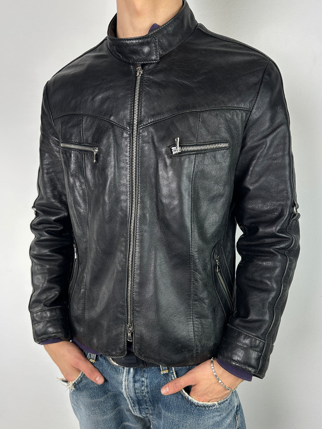 Vintage Black Italian Strap Detail Leather Jacket for men. Y2K Second Hand 2000s Fashion 