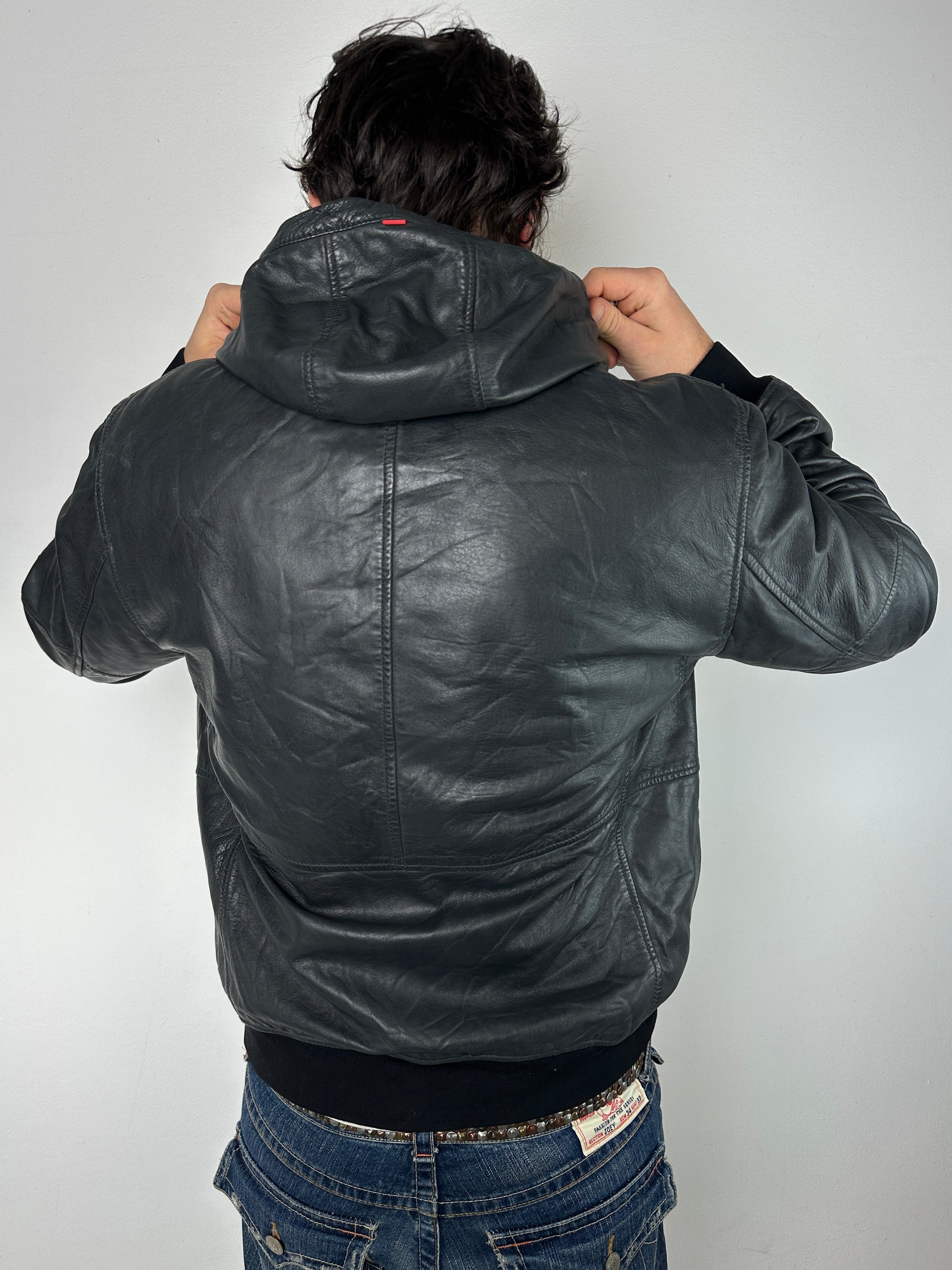Vintage Black Strellson Hooded Leather Jacket für Herren. Y2K Second Hand 2000s Fashion