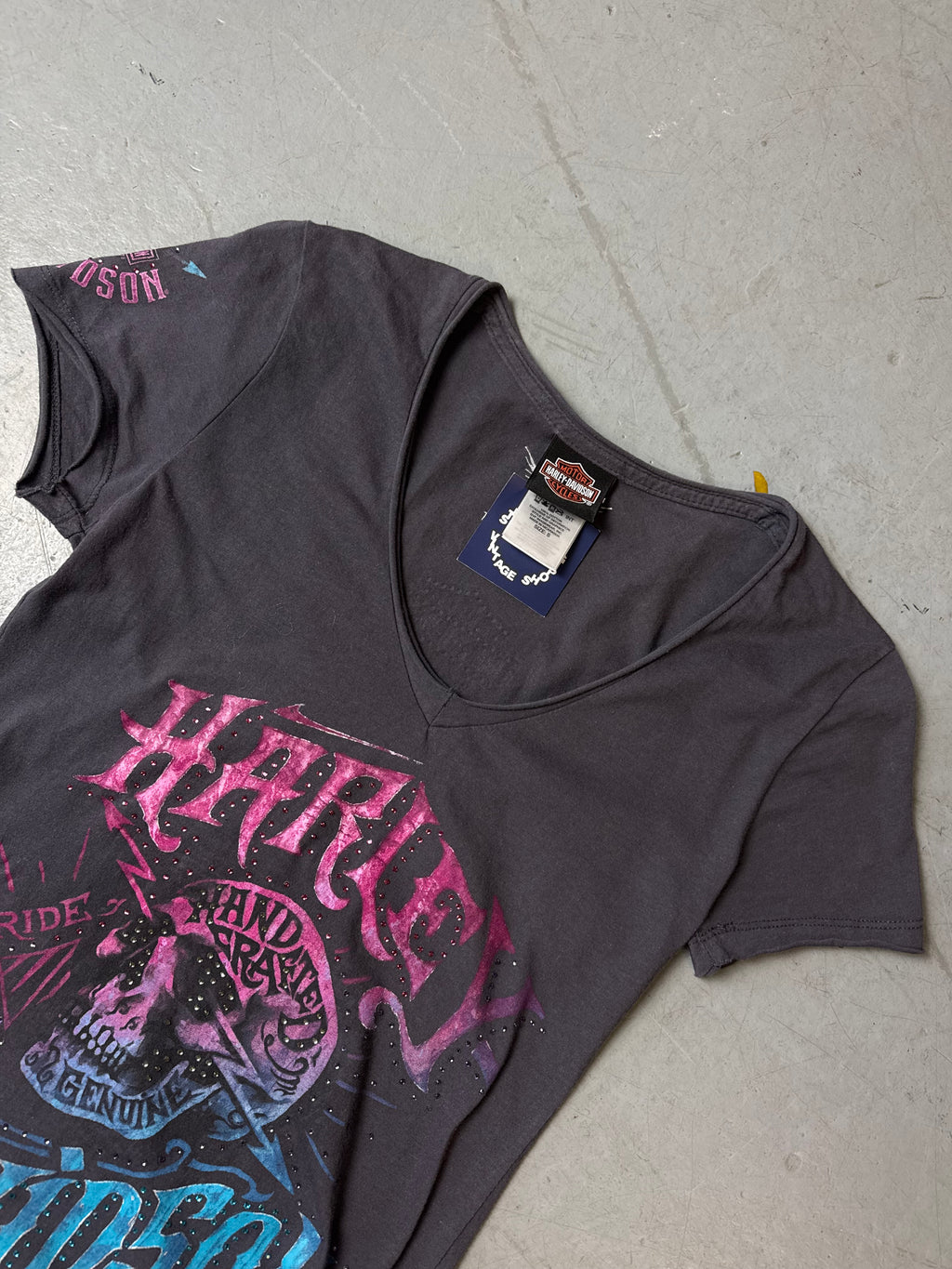 Vintage Harley Davidson Grey T-Shirt with Rhinestones S