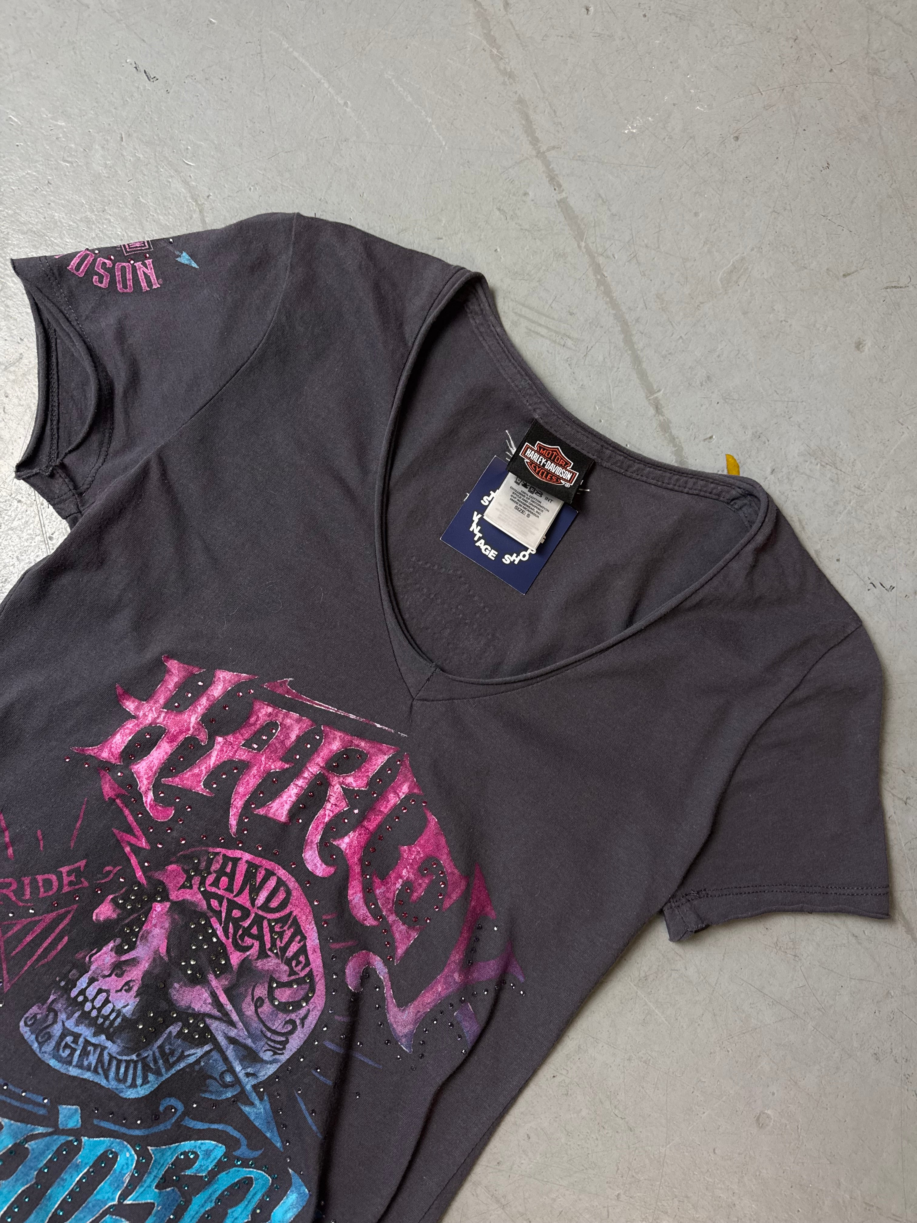 Vintage Harley Davidson Grey T-Shirt with Rhinestones S