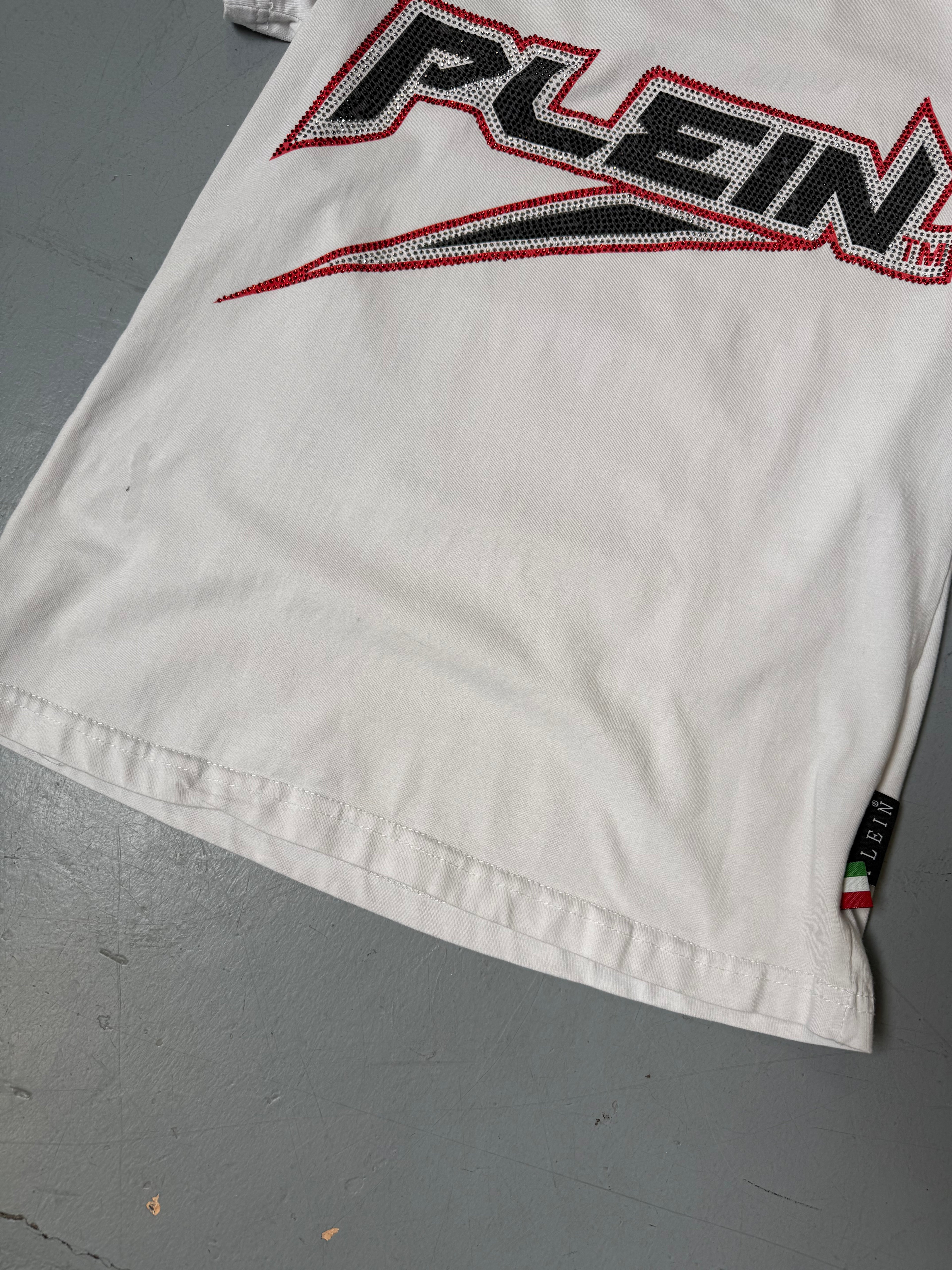 Vintage Philipp Plein Rhinestone Print T-Shirt für Damen. Y2K Secondhand 2000s Fashion.