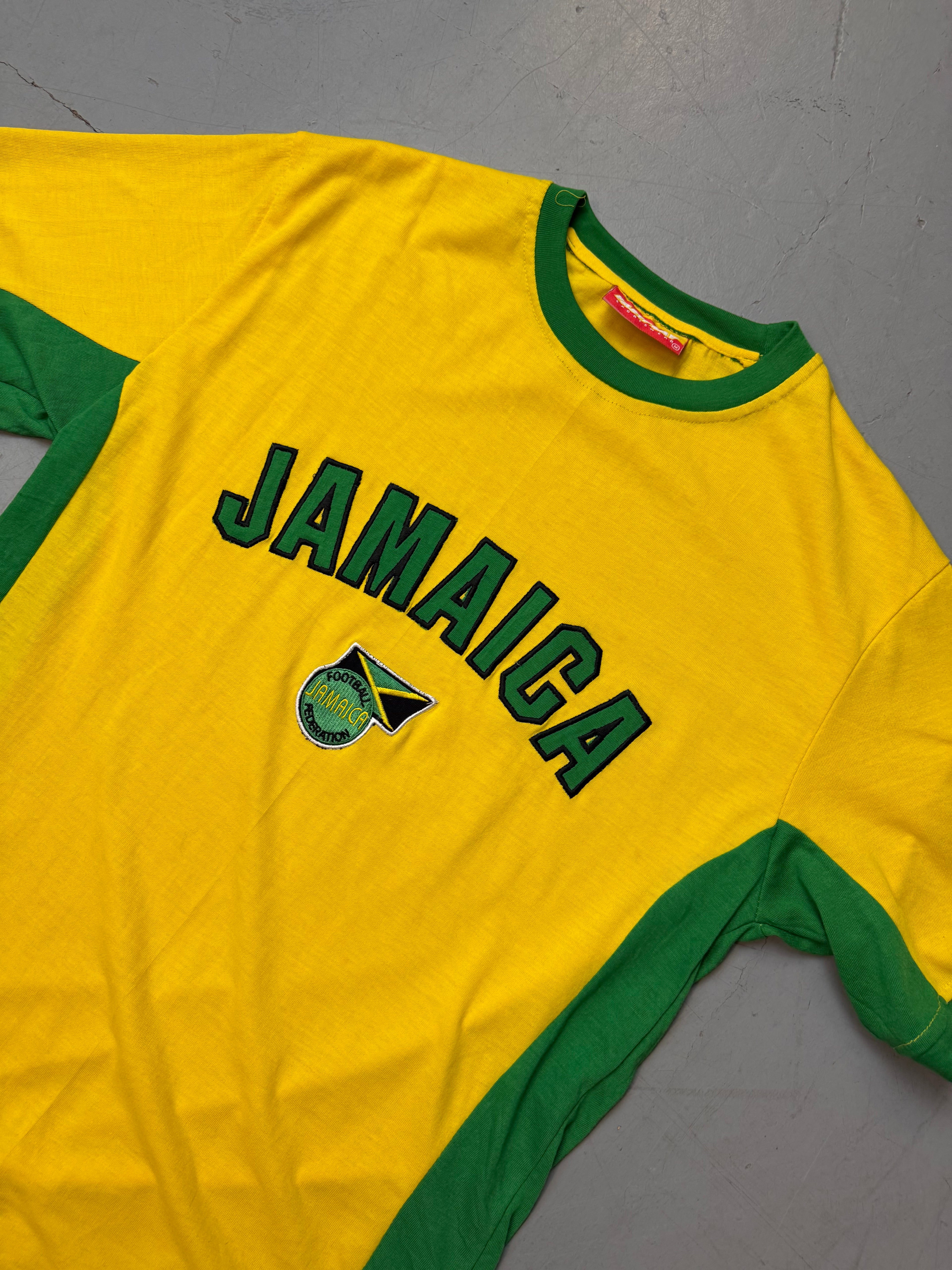 Vintage Jamaica Printed T-Shirt in gelb und grün für Herren. Y2K Second Hand 2000s Fashion