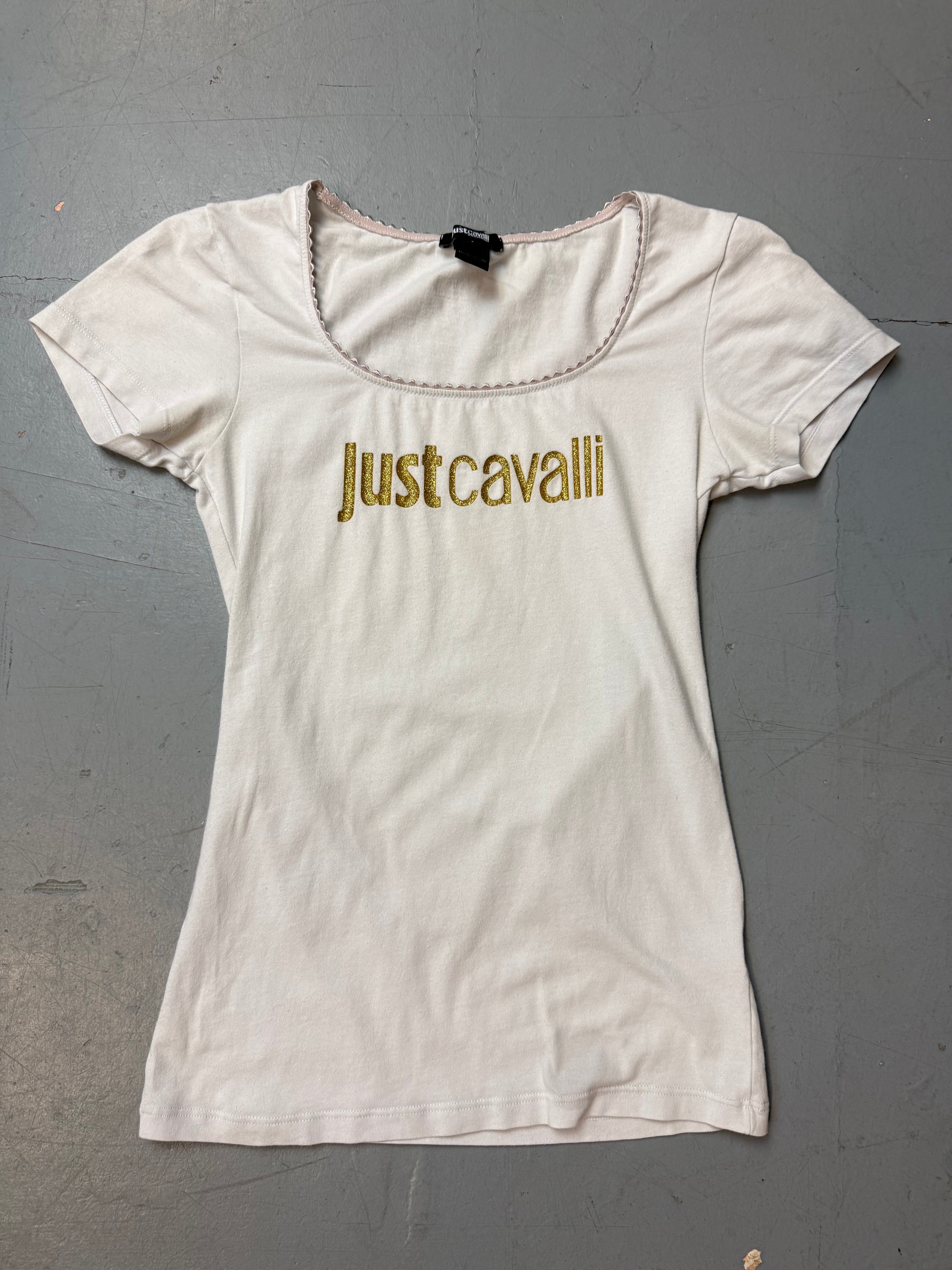 Vintage Just Cavalli White T-Shirt with Gold Glitter Logo Print S