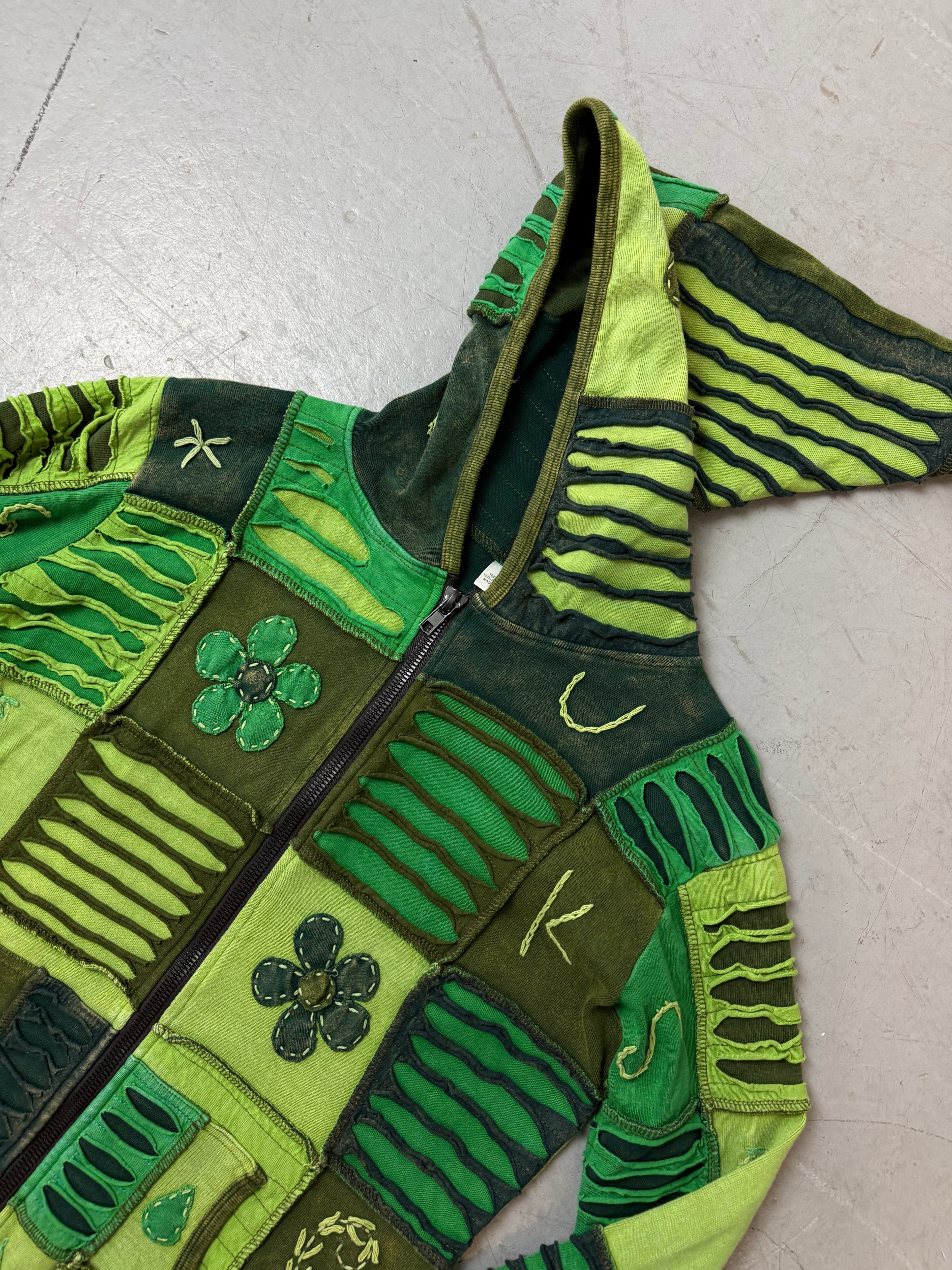 Vintage Green Patched Zip Jacket für Damen. Y2K Second Hand 2000s Fashion