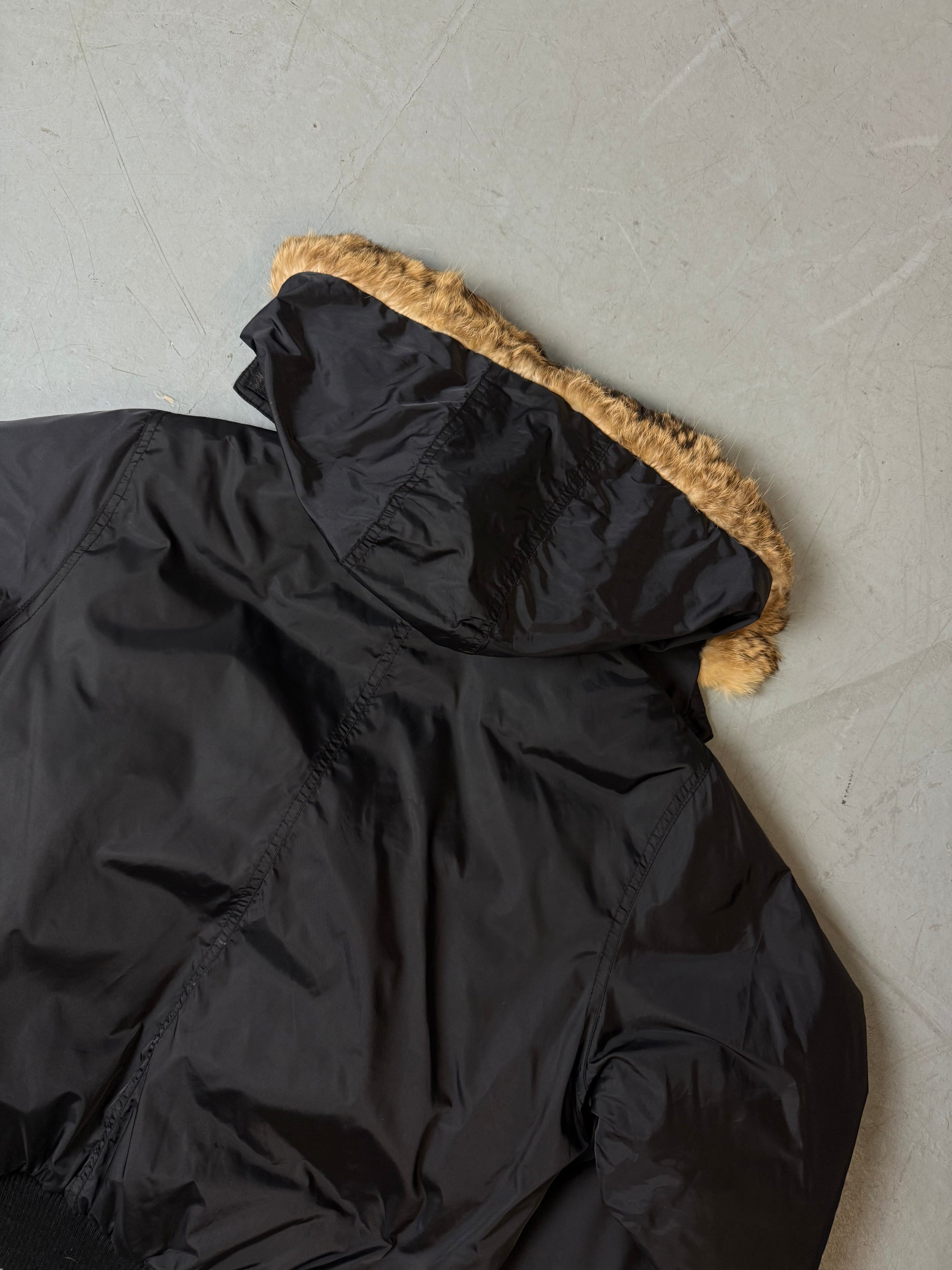 Vintage Y2K Black Bomber Jacket with Fur Hood M/L