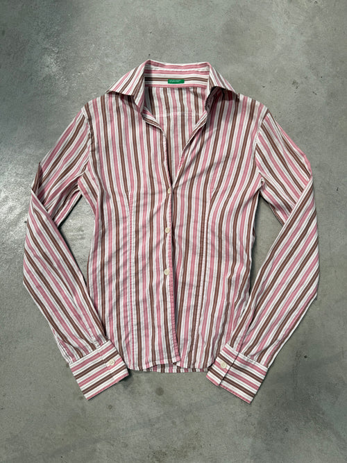 Vintage Brown and Pink Striped Button Up Blouse für Damen Y2K Second Hand Fashion