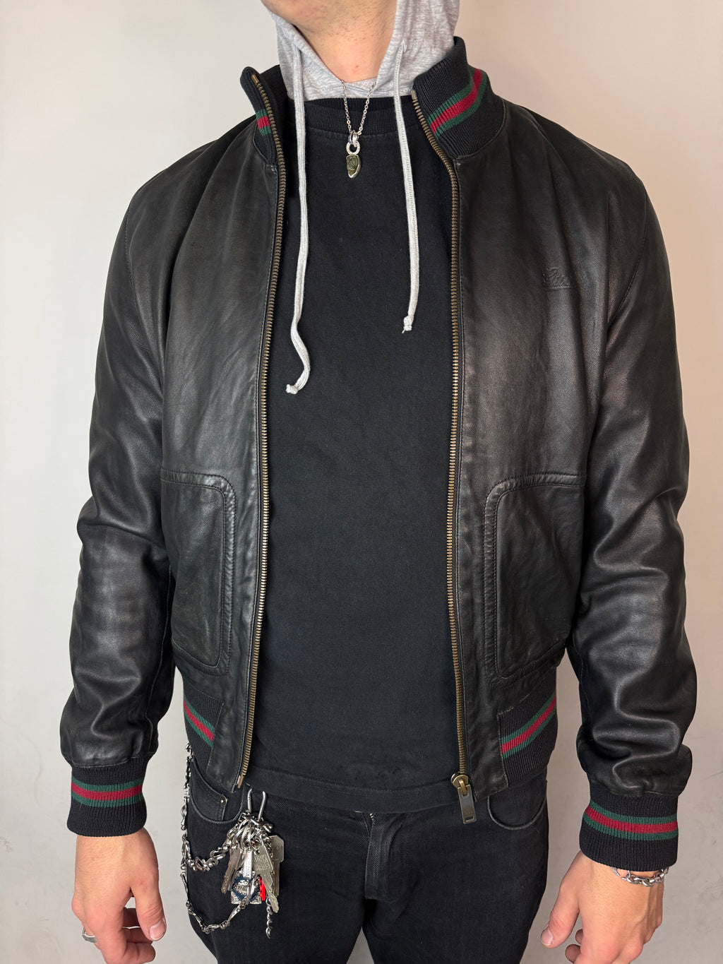 Vintage Gucci Black Leather Bomber Jacket M