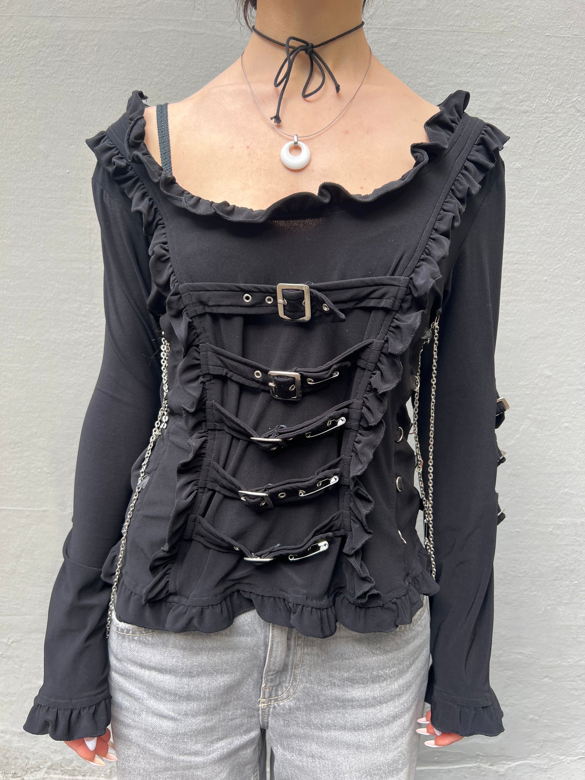 Vintage Black Alternative Longsleeve with Belts S
