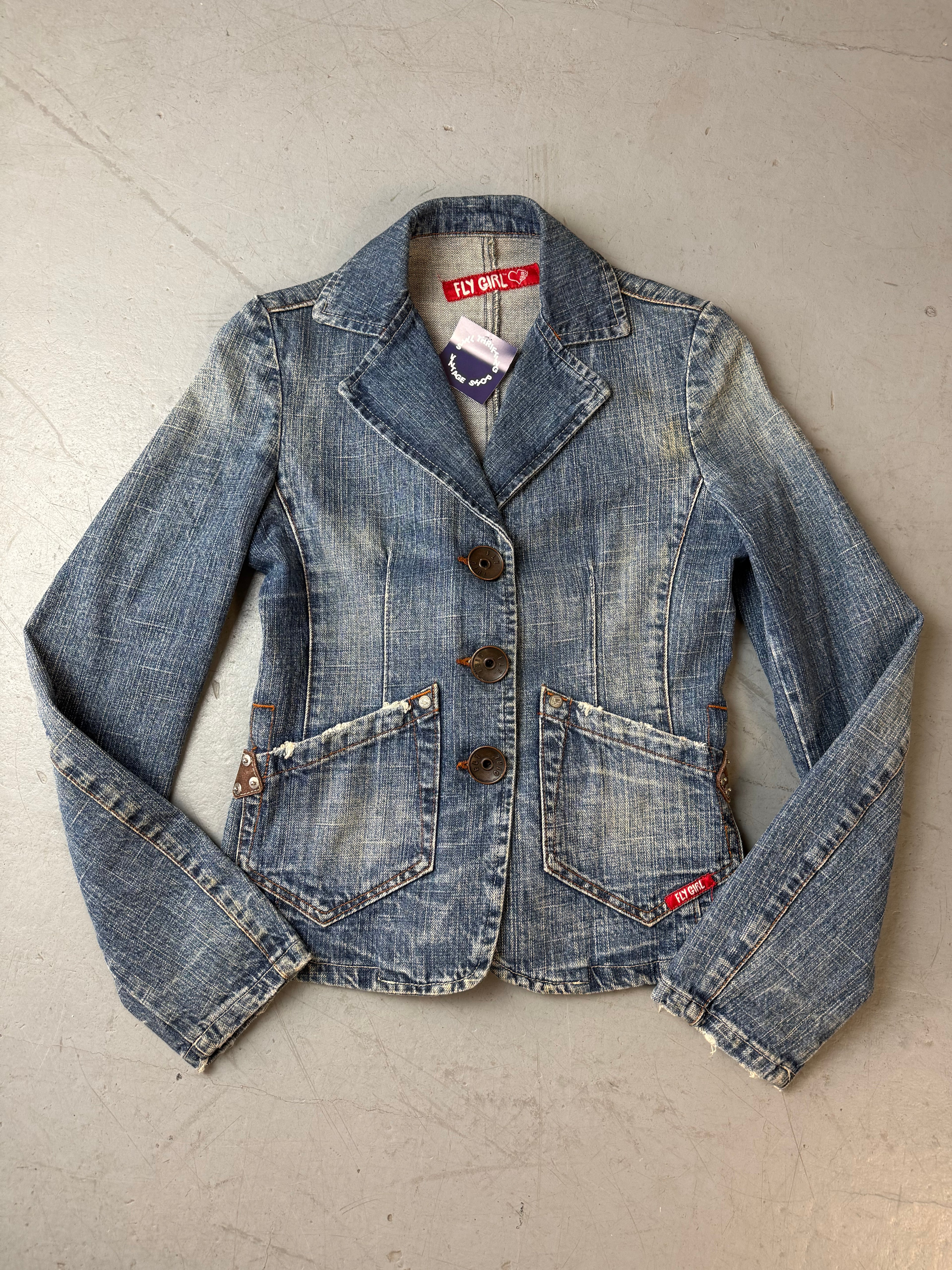 Vintage Fly Girl Denim Blazer Jacket für Damen . Y2K Second Hand 2000s Fashion