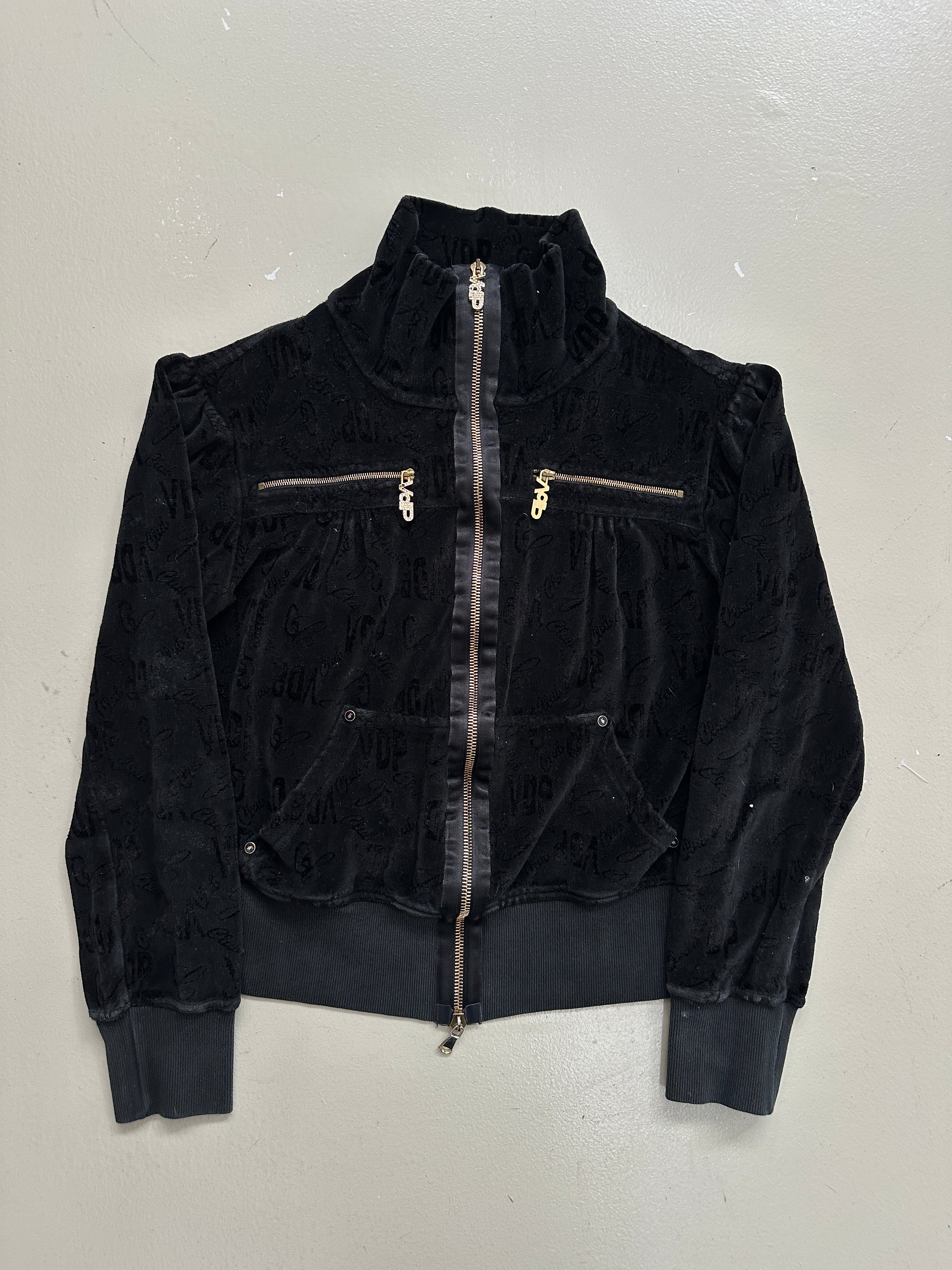 Vintage VDP Black Velvet Zip Jacket with Gold Hardware S