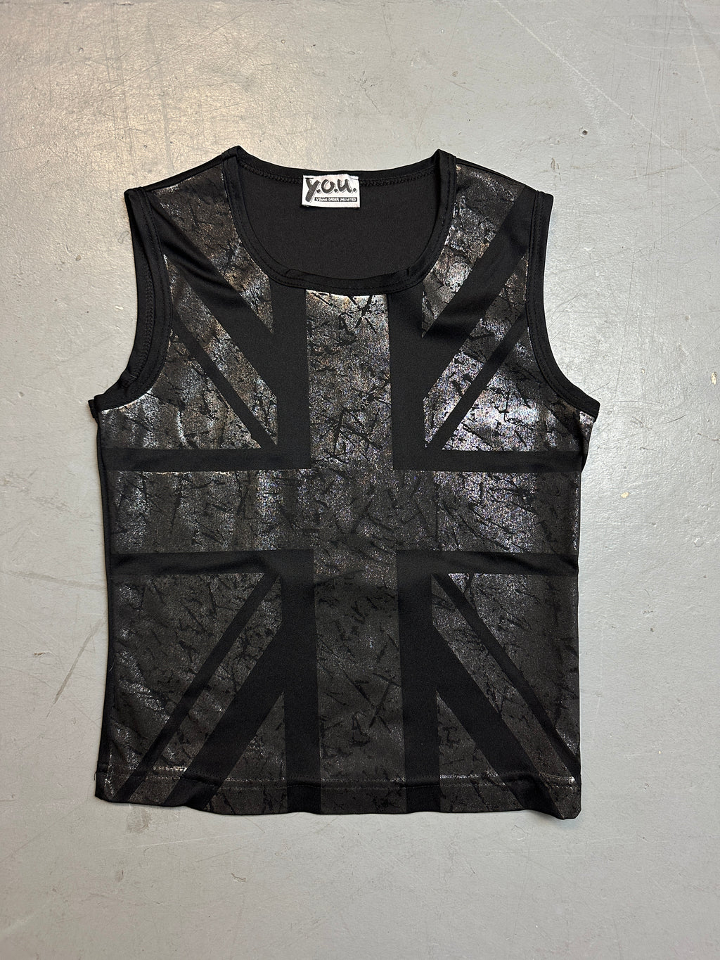 Vintage Black UK Flag Tank Top mit silbernen Details für Frauen. Y2K Second Hand 2000s Fashion