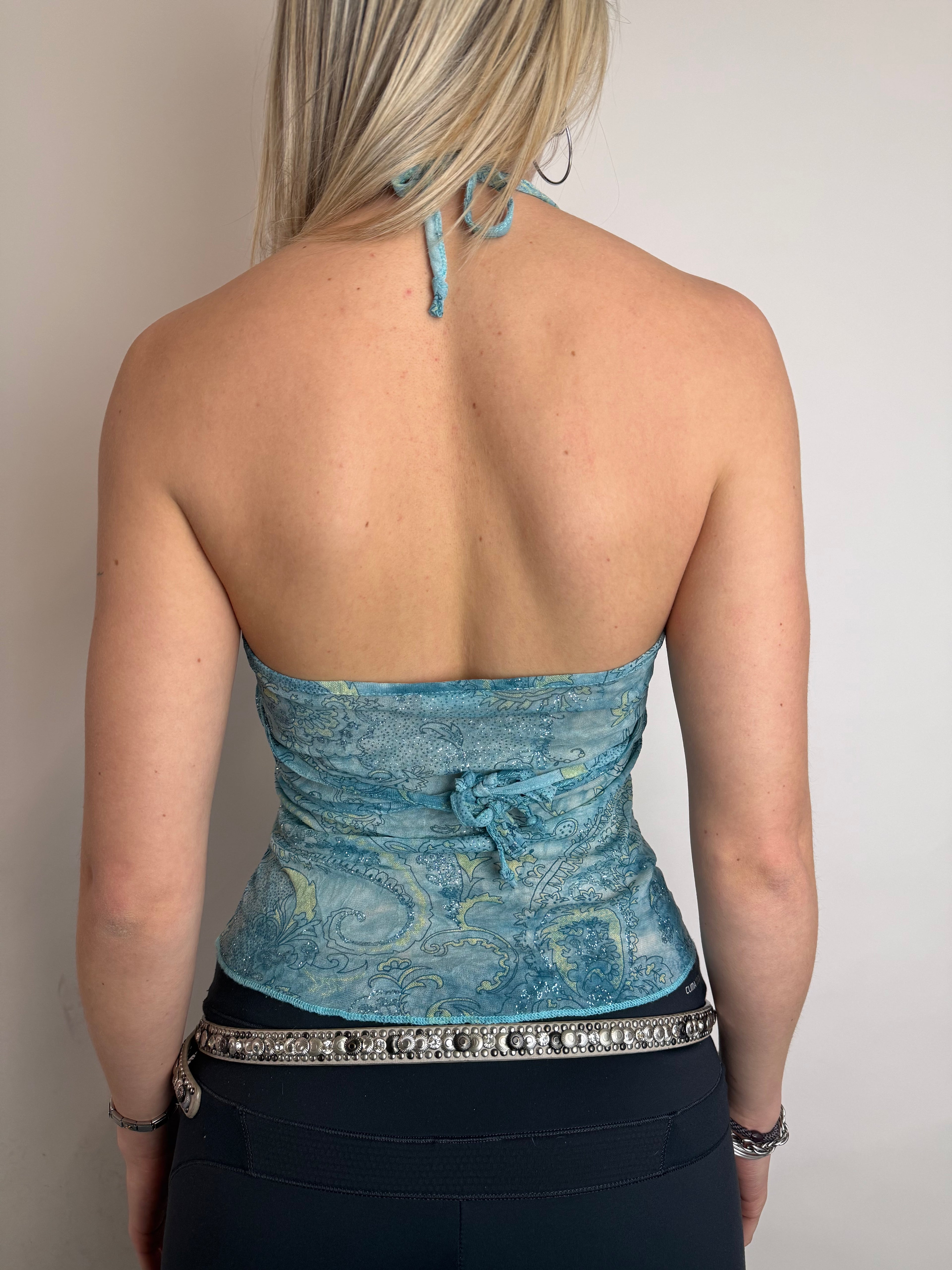 Vintage Blue Paisley Neckholder Top für Damen. Y2K Second Hand 2000s Fashion