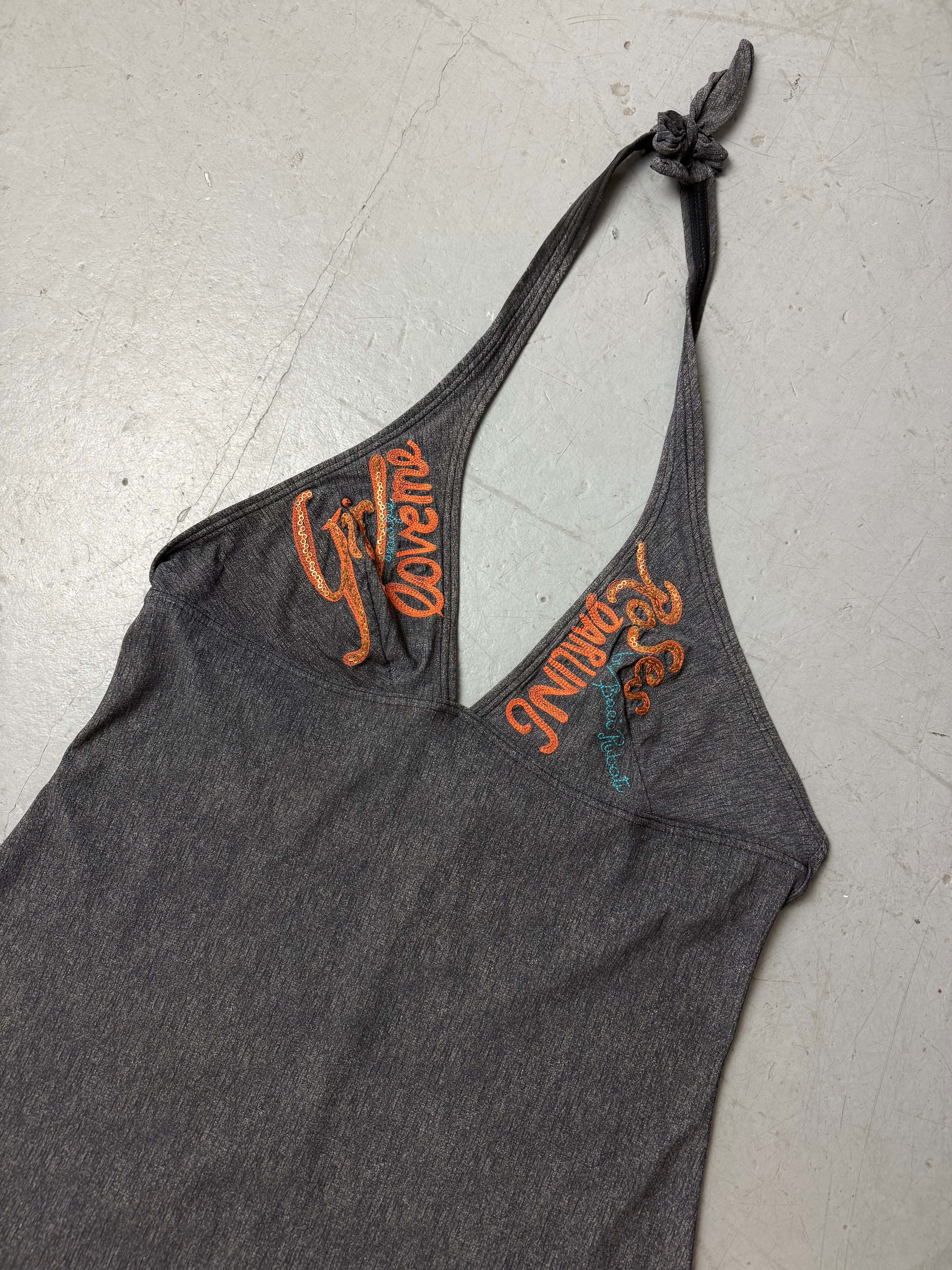 Vintage Grey Halter Mini Dress für Herren. Secondhand Y2K 2000s Fashion